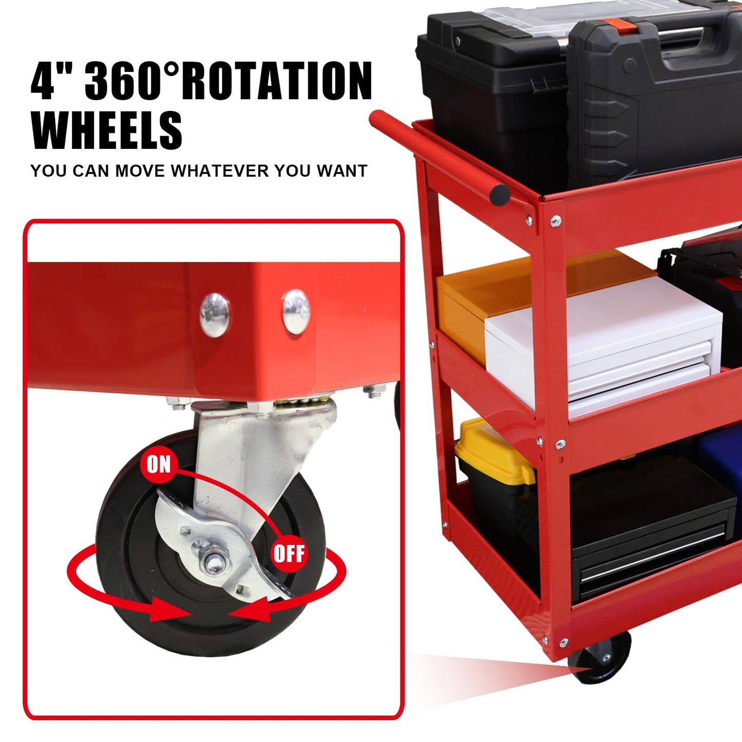 Torin APTC302B Steel Tool Service Push Cart with 3 Shelves and 200 lb Capacity, Red