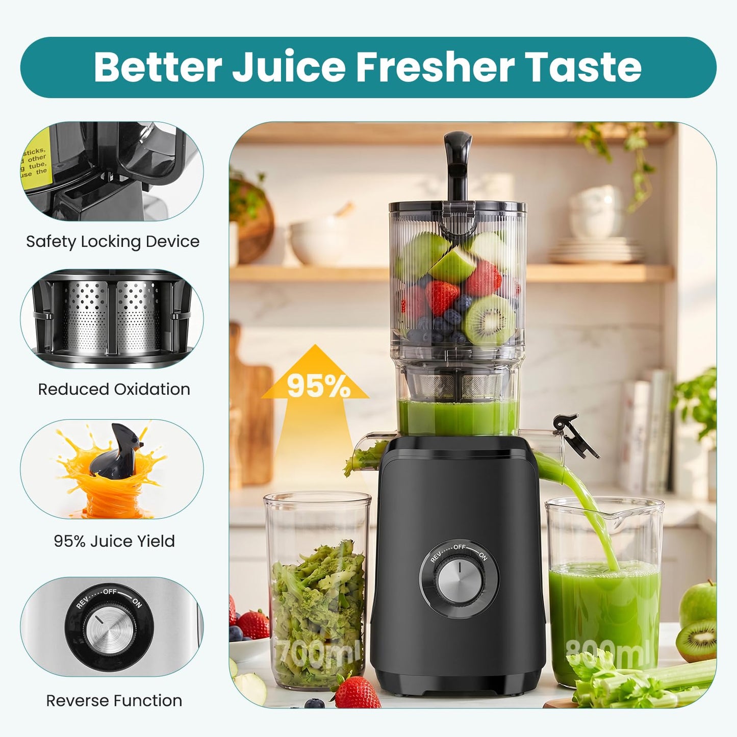 OLIXIS Cold Press Juicer, Slow Masticating Juicer Machine with Reverse Function, Juice Extractor for Making Nut Milk, Easy to Clean & Blade-Free, Black