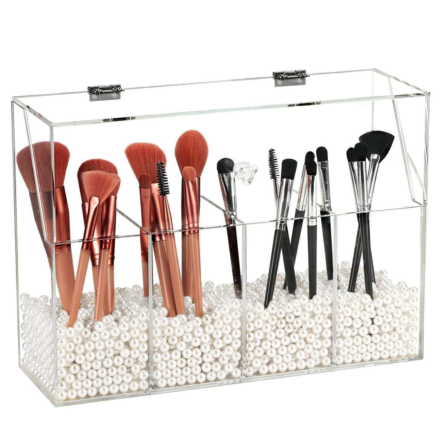 Vevitts Acrylic Makeup Organizer, Clear Cosmetic Brush Storage Box With 4 Brush Holders,Makeup Brush Holder with Dust Cover, Large-capacity Split Design Can Quickly Organize the Desktop（No pearls）