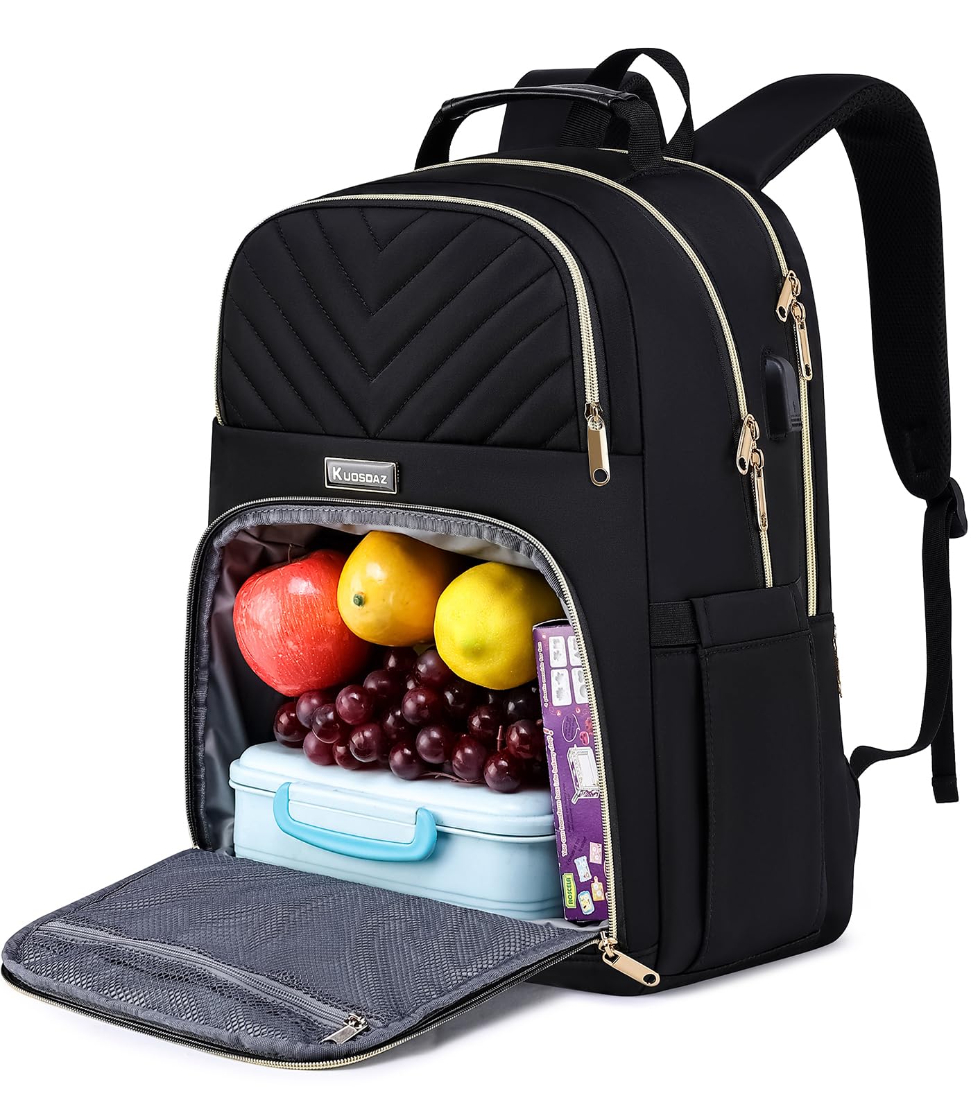 Kuosdaz Lunch Backpack for Women, Water Resistant Insulated Cooler Lunch Bag, 15.6 inch Laptop Backpacks with USB Port, Picnic Backpack with Lunch Box for College Work Camping Beaches, Black