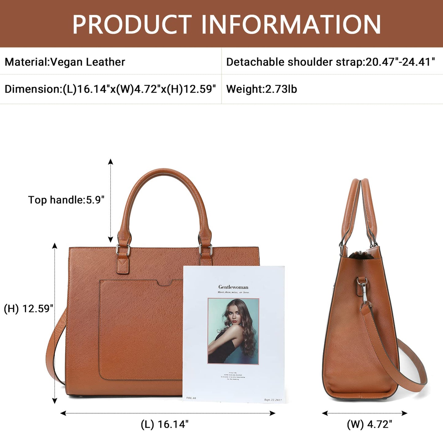 BROMEN Womens Briefcase Leather 15.6 inch Laptop Shoulder Bag Business Tote Handbag Brown