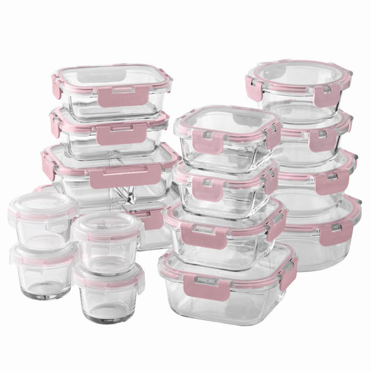COOK WITH COLOR Premium 32-Pc. Borosilicate Glass Food Container Set with Dividers - 4 Rectangles, 8 Rounds, 4 Squares - Leakproof Lids - Meal Prep, Storage, Pink