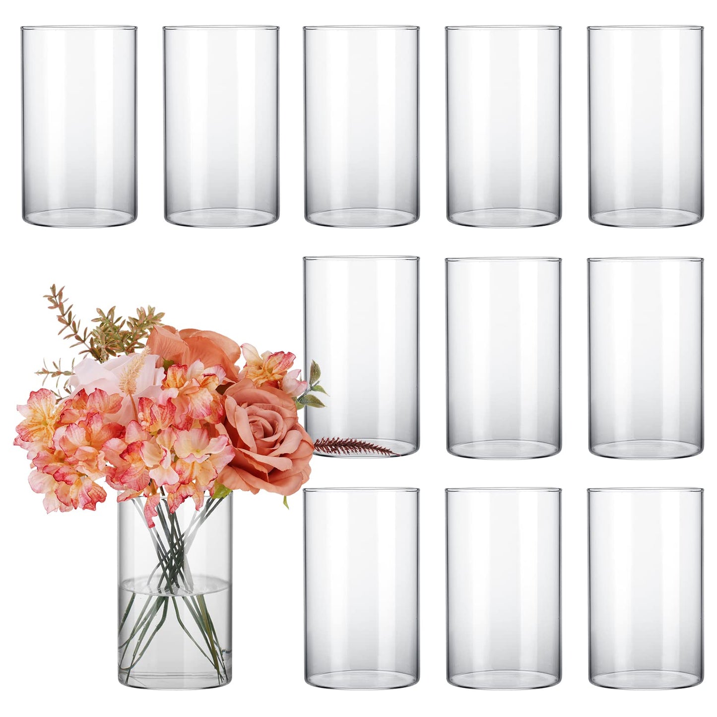 CUCUMI 12pcs Glass Cylinder Vases for Centerpieces, Flower Vases Wedding Decorations, 6 Inch Tall Glass Candle Holder for Table Shelf, Floral Vase Bulk for Home Decor