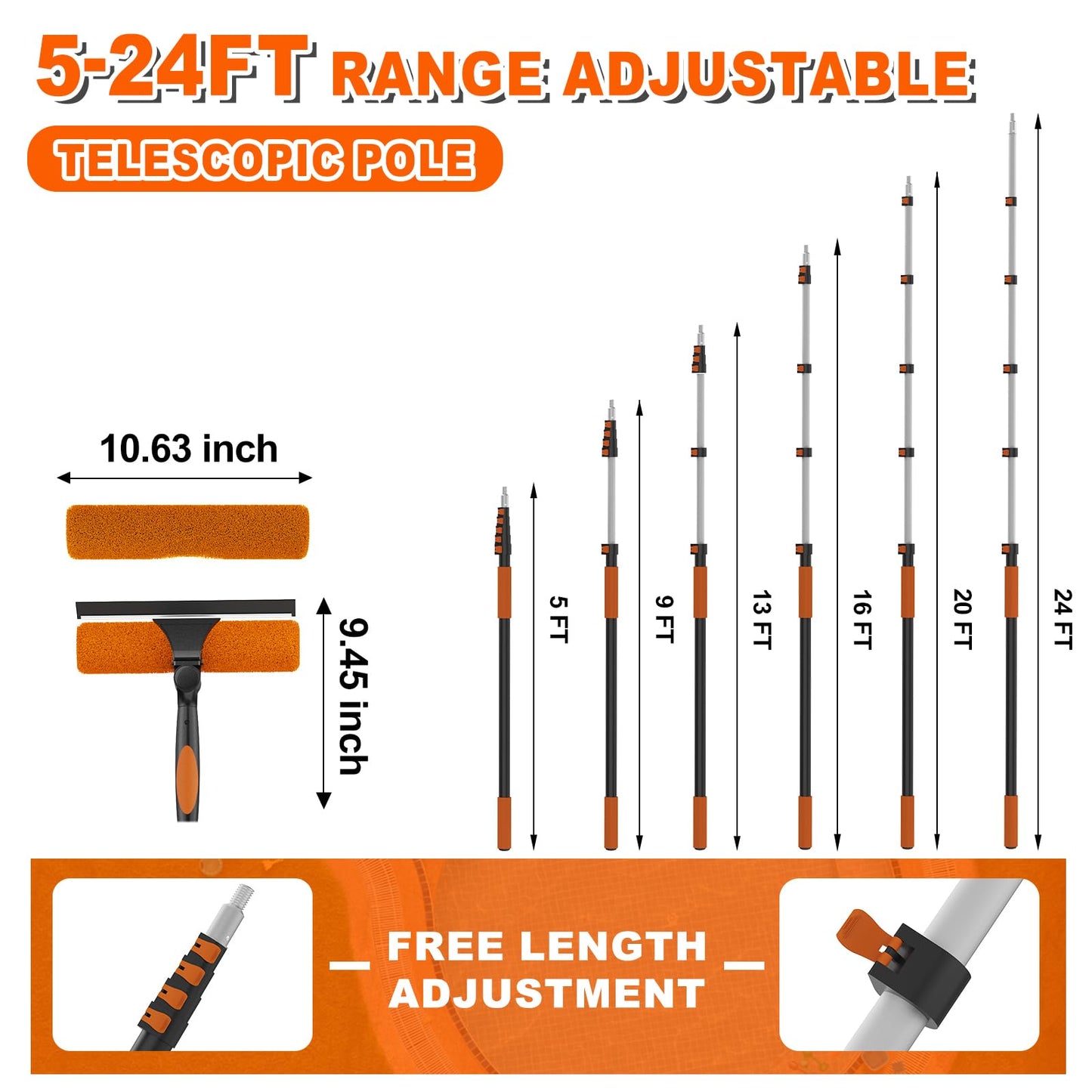 SISUPASSIE 30FT Reach Window Squeegee with Extension Pole, 2-in-1 Professional Window Washing Kit for Home, Indoor Outdoor Squeegee with Rotatable Head for High Windows
