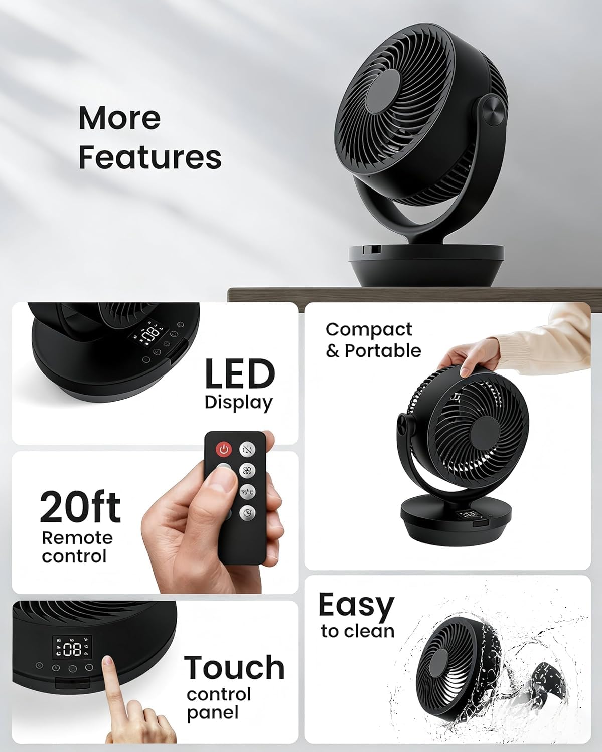 PNTCK Air Circulator Fan for Bedroom, Quiet Oscillating Table Fan with 4 Speeds, Remote Control, 90° Oscillation, 12H Timer