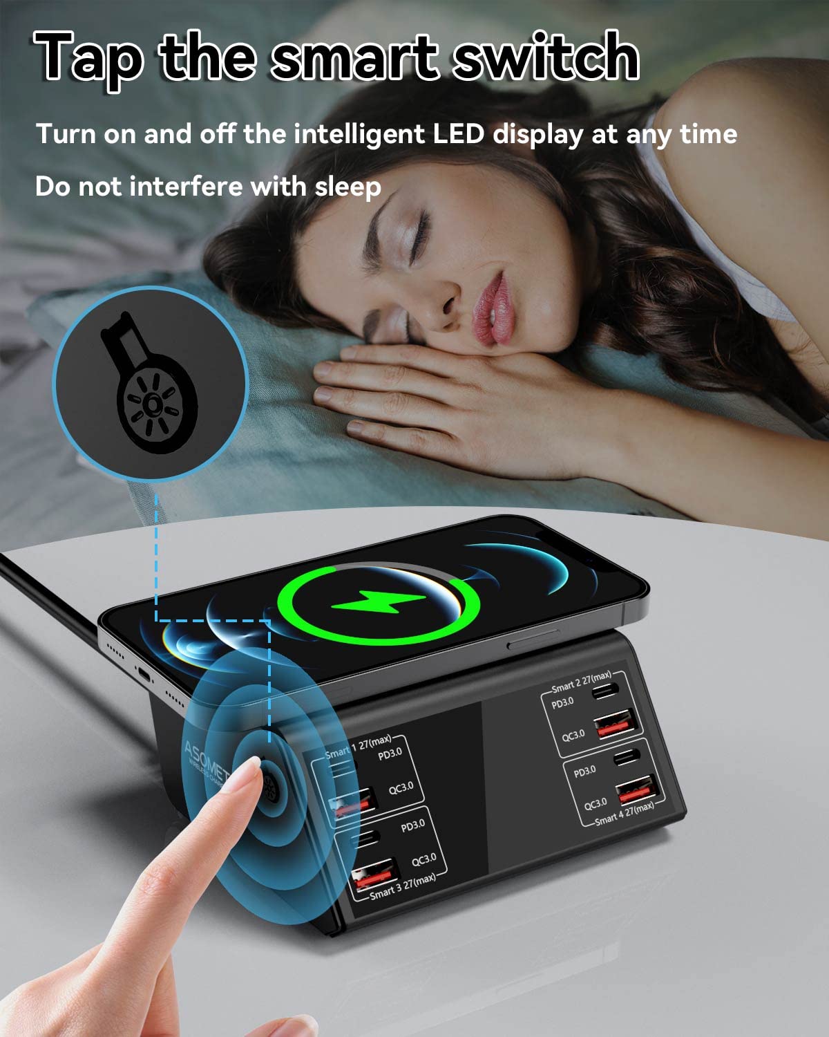 USB Charger, ASOMETECH 100W 8 Port Multiple USB Charging Station with 4 Quick Charge 3.0, 4 USB C PD Port, Wireless Charger, LCD Display Fast Charging Hub for iPhone 13 12 iPad Samsung and More