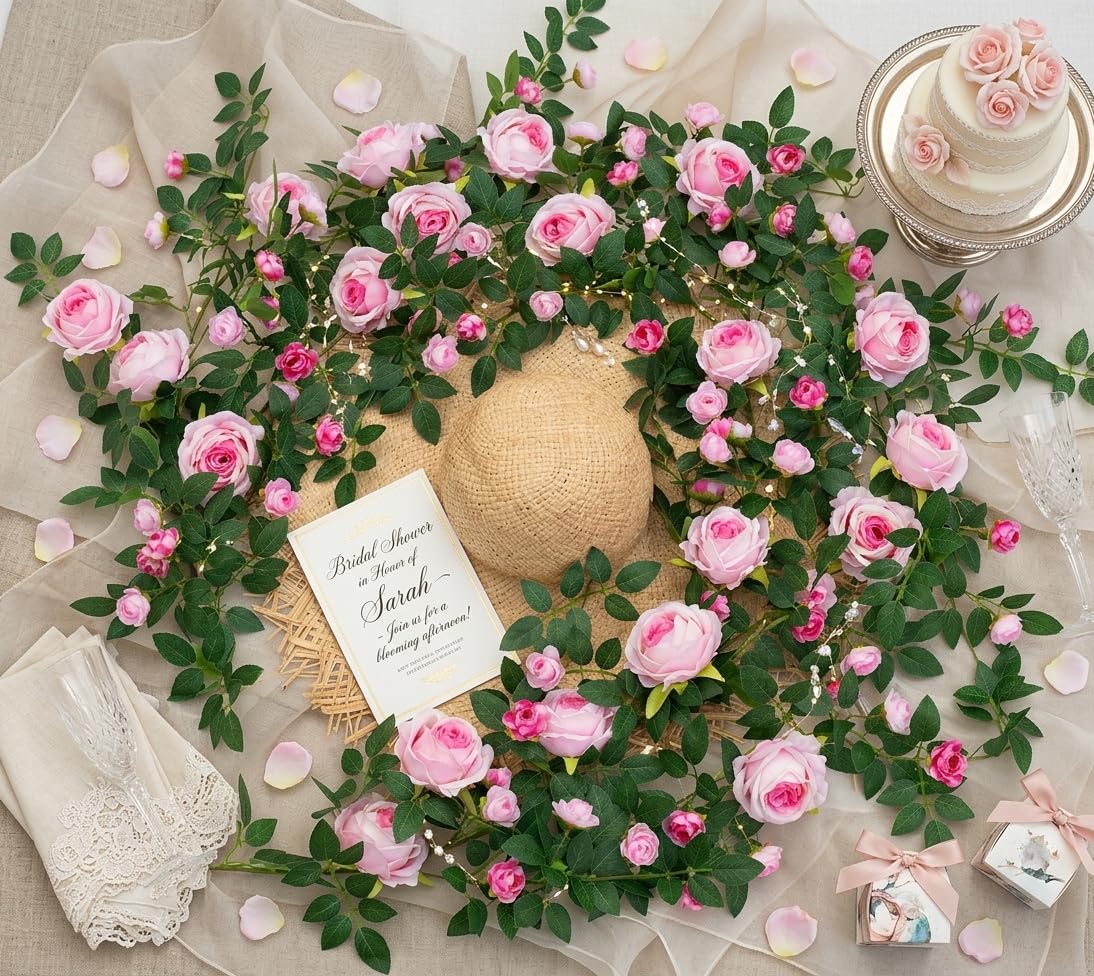 2 PCS 12FT Bendable Flower Garland, Artificial Rose Vine Hanging Floral Garland Decoration for Weding Home Room Wall Decor (Pink)