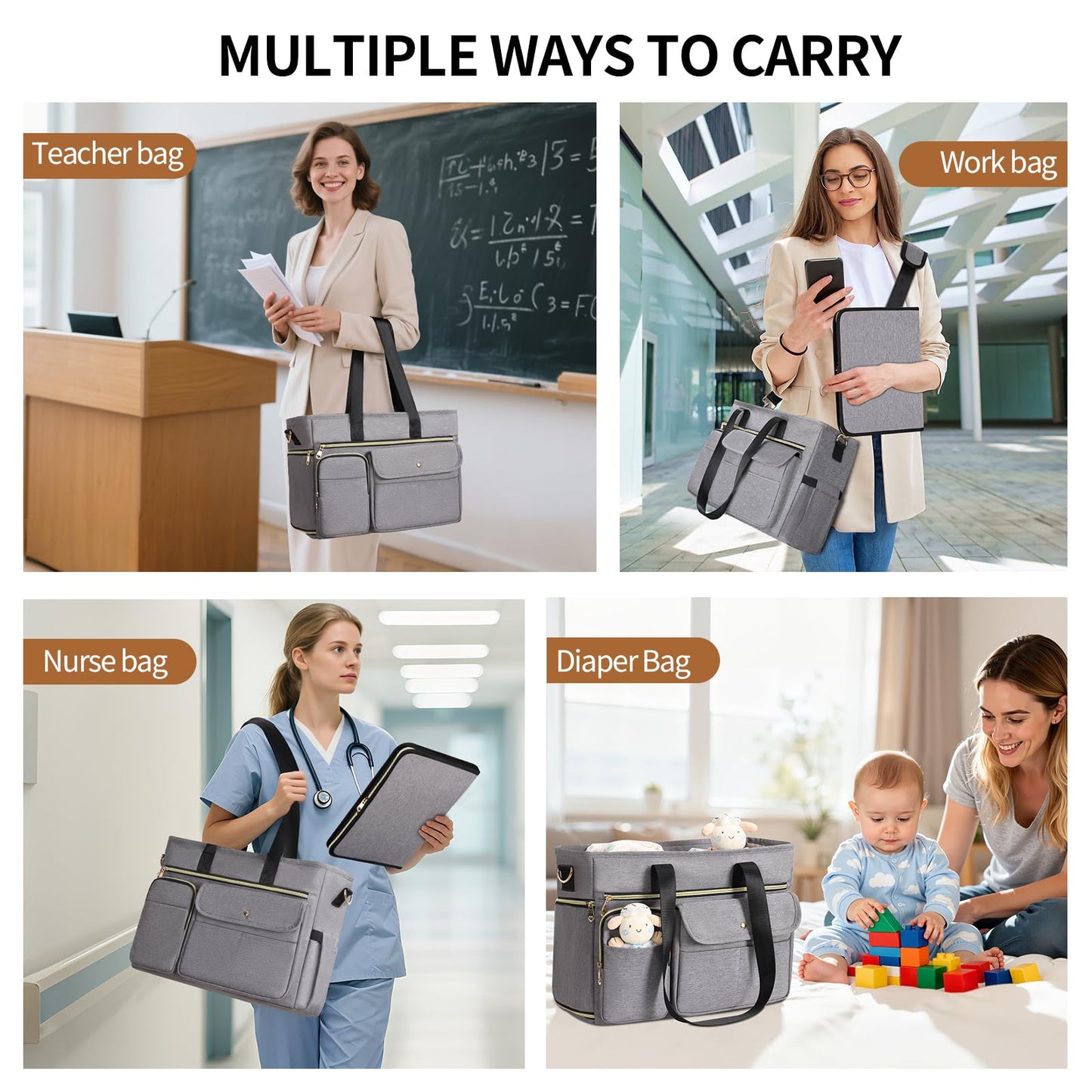 ESTARER Teacher Tote Bag for Women 2Pcs, 15.6'' Laptop Work Bag Computer bag w/Expandable File Folder, Large Water-Resistant Messenger Shoulder bag w/Insulated Pocket for Office/Travel/College, Grey