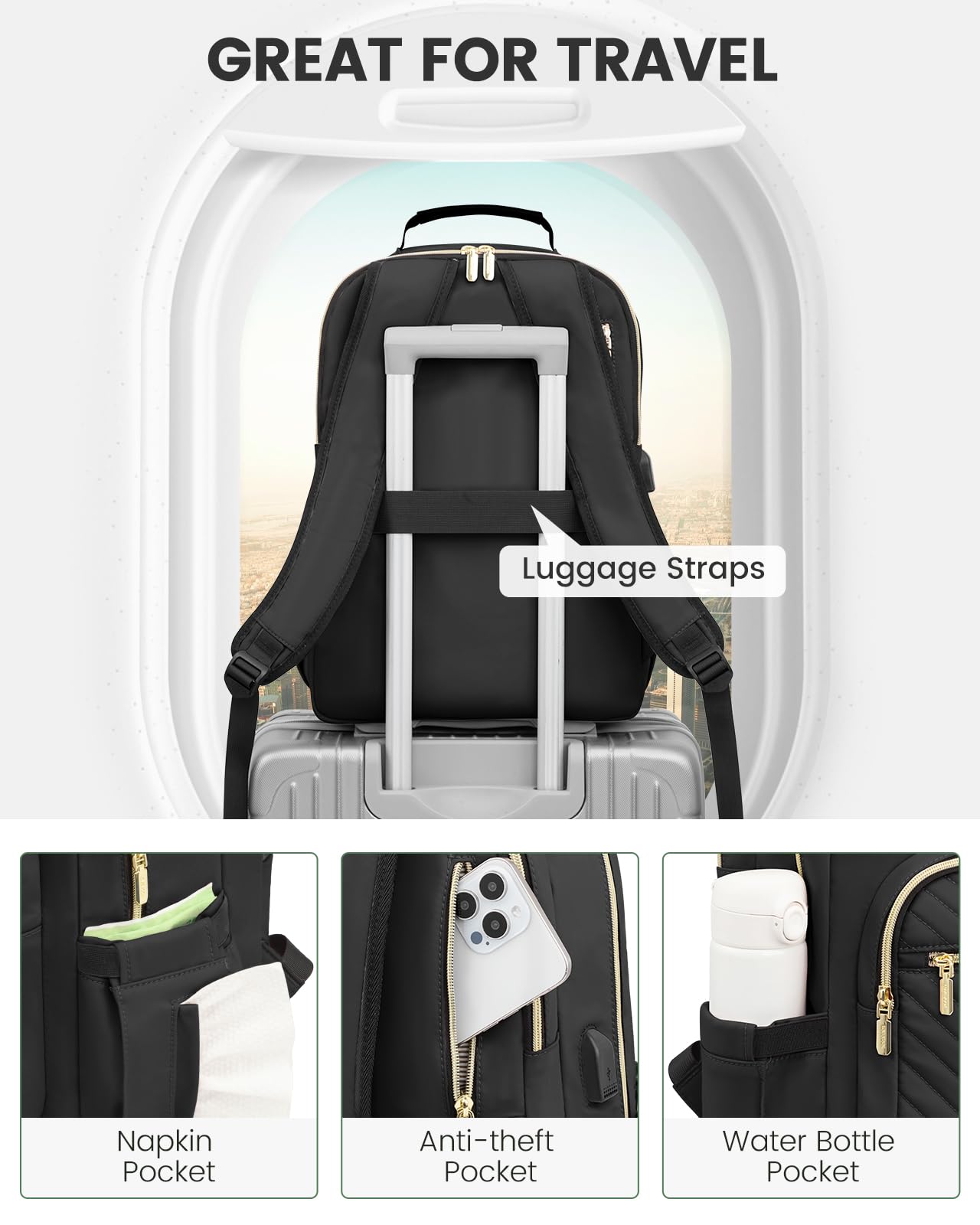 LOVEVOOK Laptop Backpack for Women, Travel Computer Work Bags with 17-inch Laptop Compartment, College School Student Bag Teen Backpacks For Girls, Hiking Outdoor Carry On Backpack Purse, Black