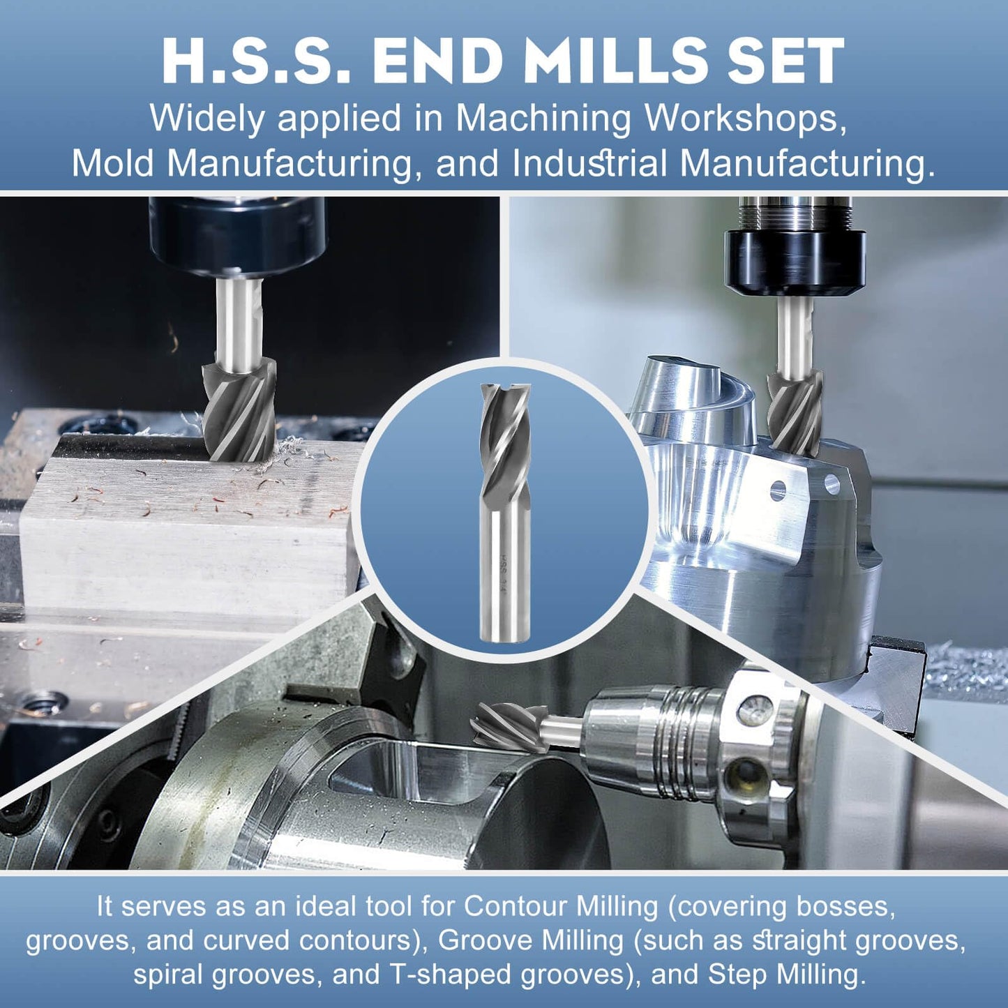 6PCS H.S.S End Mill Set - Bridgeport End Mills 4 and 6 Flute, Cutting Dia 3/4-1 Inch, 3/4" Weldon Shank, Industrial Tools for Versatility and Precision Hard Alloy Steel