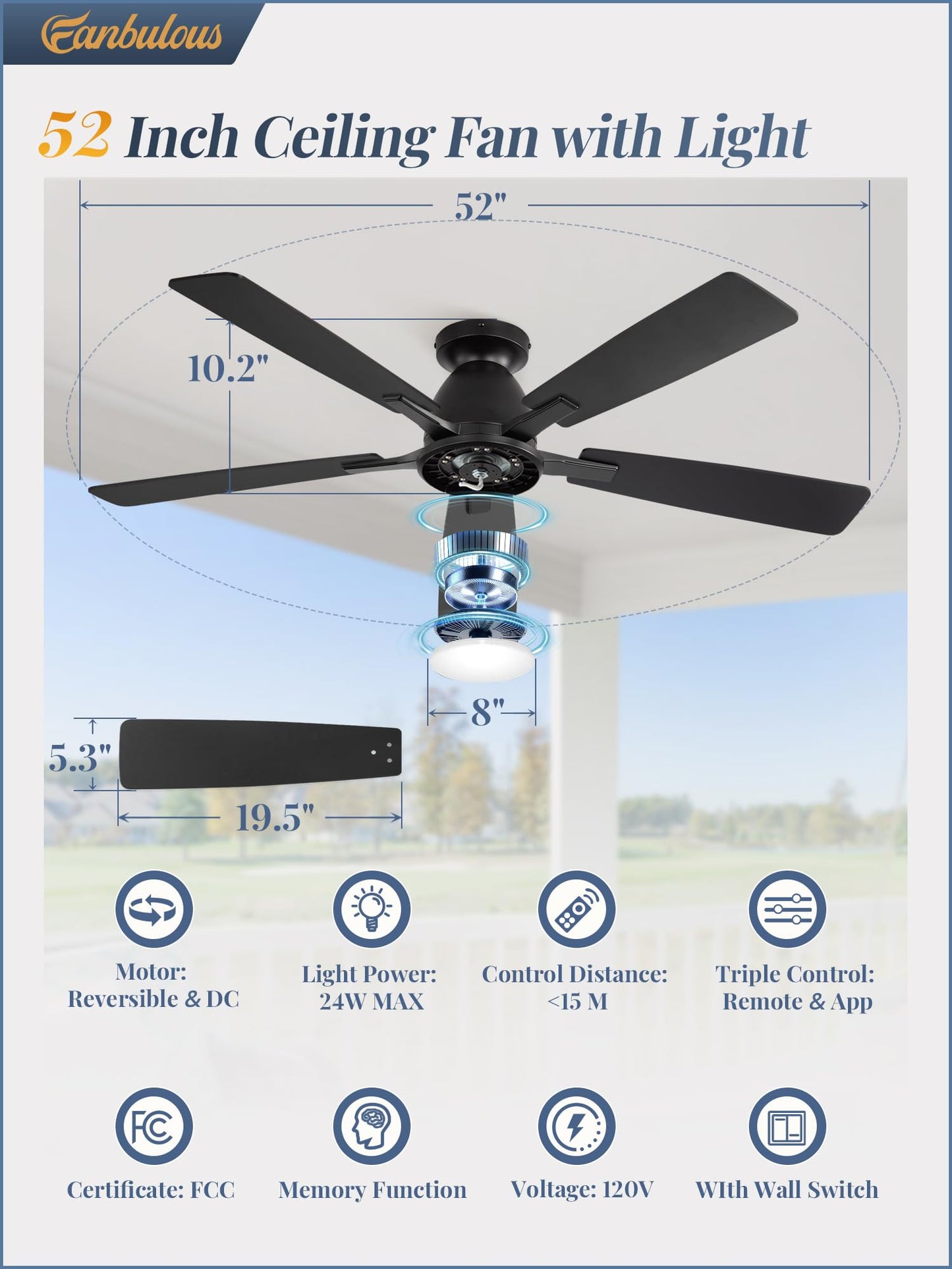 Fanbulous 52 inch Ceiling Fans with Lights, Smart Flush Mount Ceiling Fan and Remote APP, Modern Low Profile, 3CCT 20W LED with 6-Speeds Quiet Reversible Motor for Bedroom, Living Room, Kitchen, Black