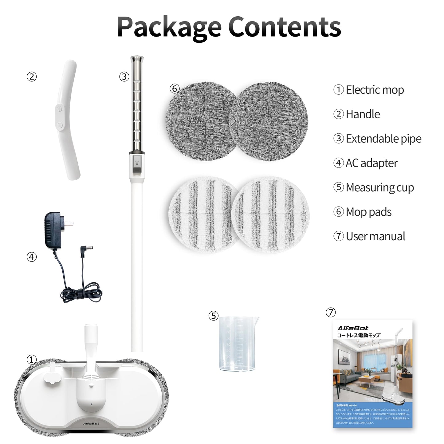Electric Mop, AlfaBot WS-24 Cordless Spin Mop for Floor Cleaning, Lightweight & Rechargeable Floor Cleaner with Water Sprayer and LED Headlight for Hardwood and Tile Floors, White