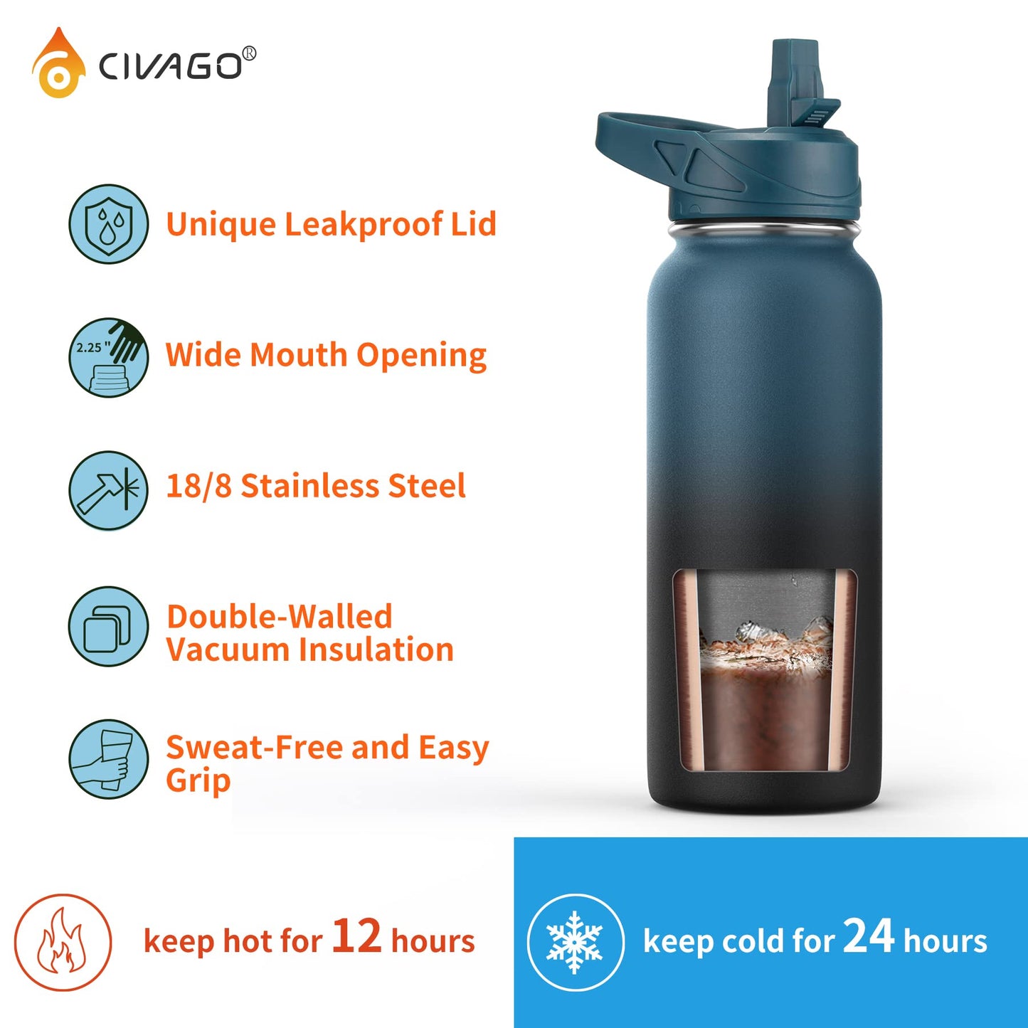 CIVAGO Gallon Insulated Water Bottle Jug with Straw, 128 oz Large Stainless Steel Water Flask, Big Metal Thermal Mug with 3 Lids for Sports, Travel, Gym, and Camping, Black