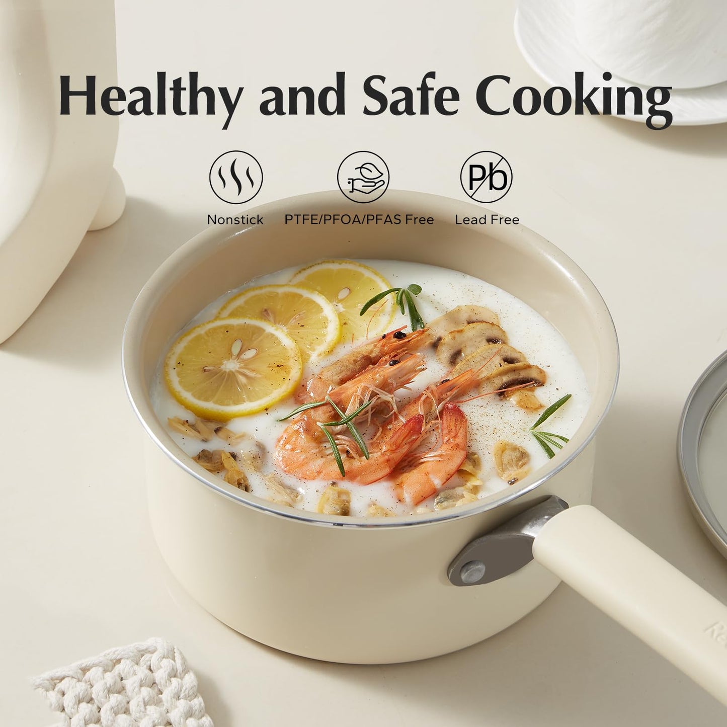 Redchef Ceramic Nonstick Saucepan with Lid, 1.5QT Small Cooking Pot, Non Toxic Sauce Pans for Kitchen, Cool Handle PFAS Free Compatible with All Cooktops, White