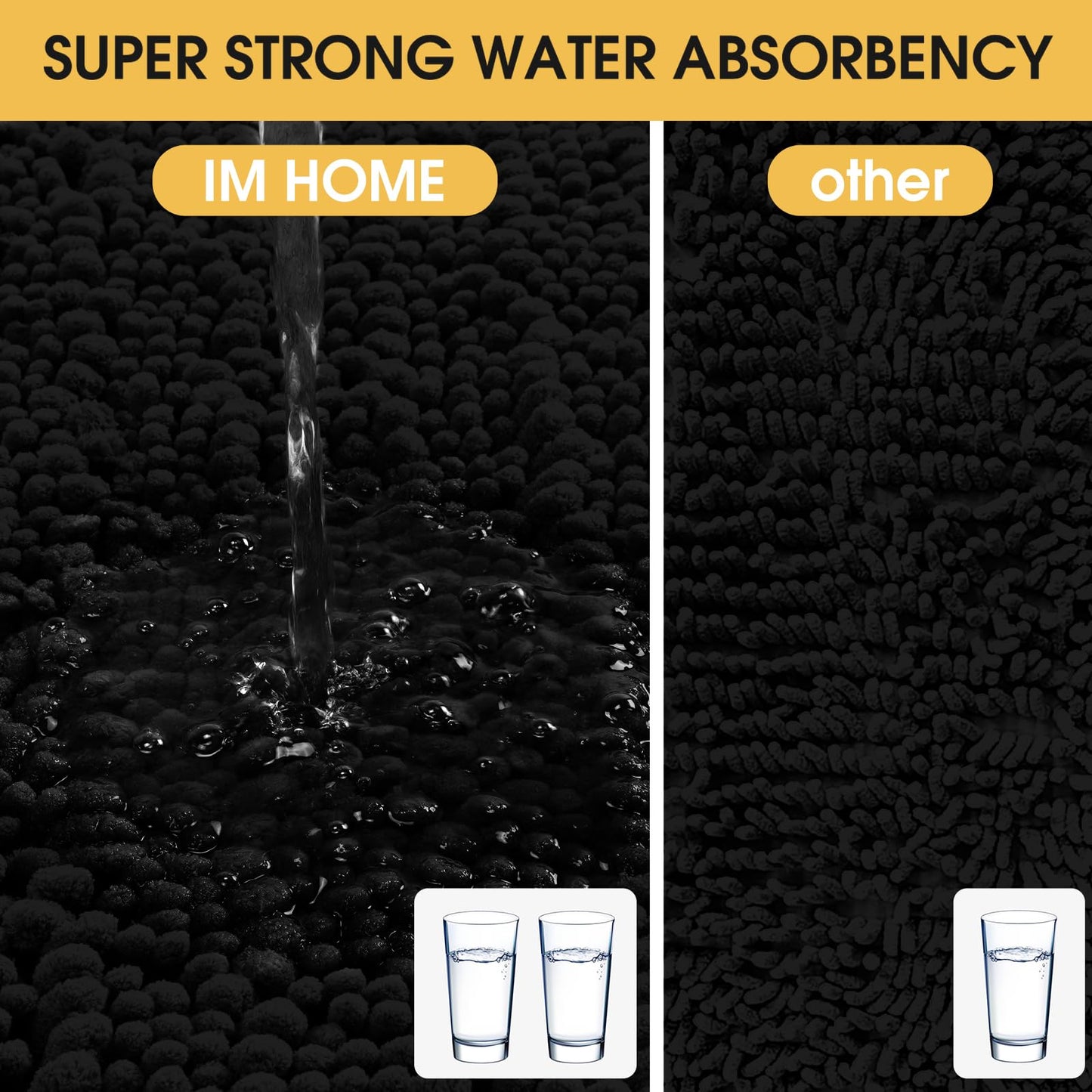ACCUMTEK Upgrade Extra Large Black Bathroom Rug Set 3 Pieces Ultra Soft, Thick Absorbent Bath Mats, Non Slip Chenille Toilet Mat for Bathroom, Bedroom, Kitchen