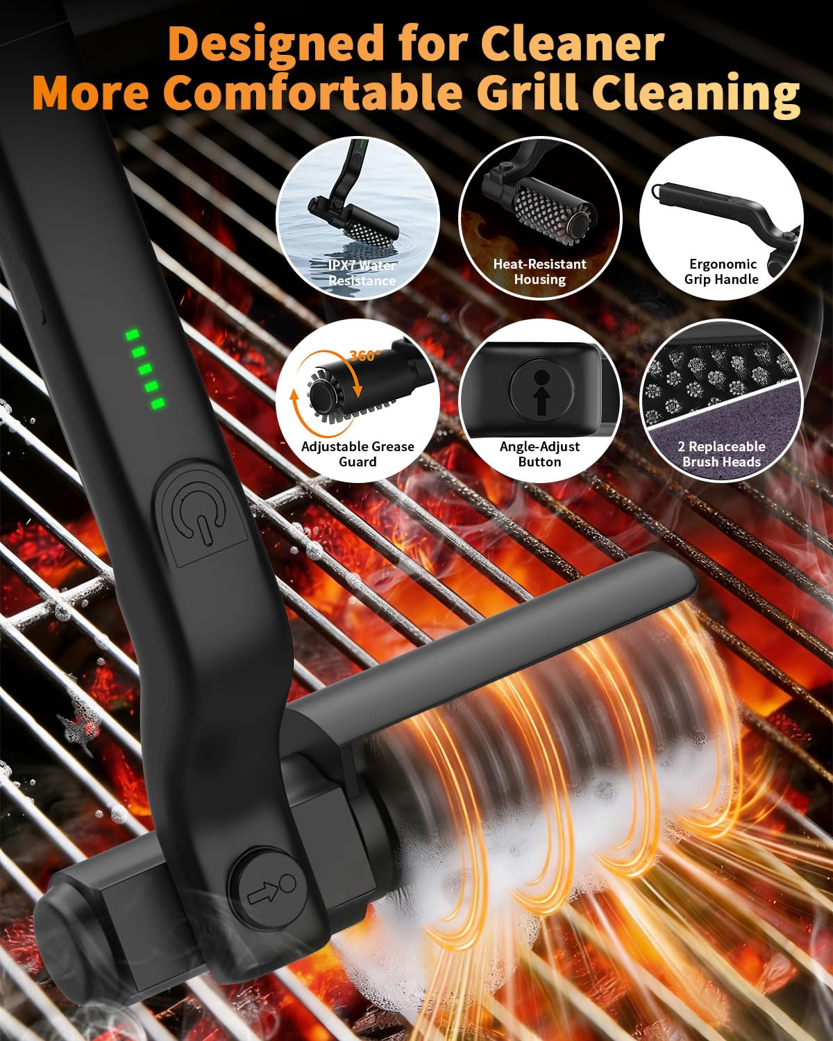 ZEYEGOY Electric Grill Brush, 3-Speed Rotary BBQ Cleaning Tool with 180° Adjustable Head,90-Minute Runtime,USB-C Rechargeable,Stainless Steel Bristle Brush for Gas,Charcoal and Ceramic Grills