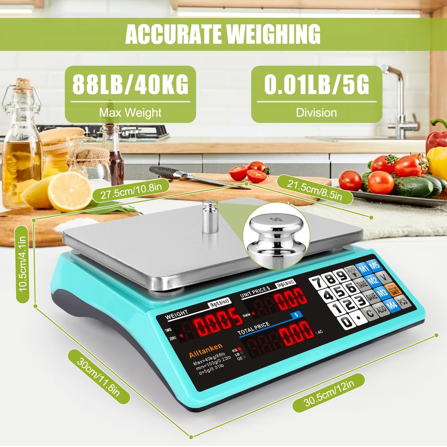 88lb Commercial Food Scale Lb/Kg/Oz Conversion, Price Computing Scale with Dual Display, Rechargeable, Waterproof Reversible Platter, Counting for Farmers Market, Meat Shop, Retail Store, Home Kitchen