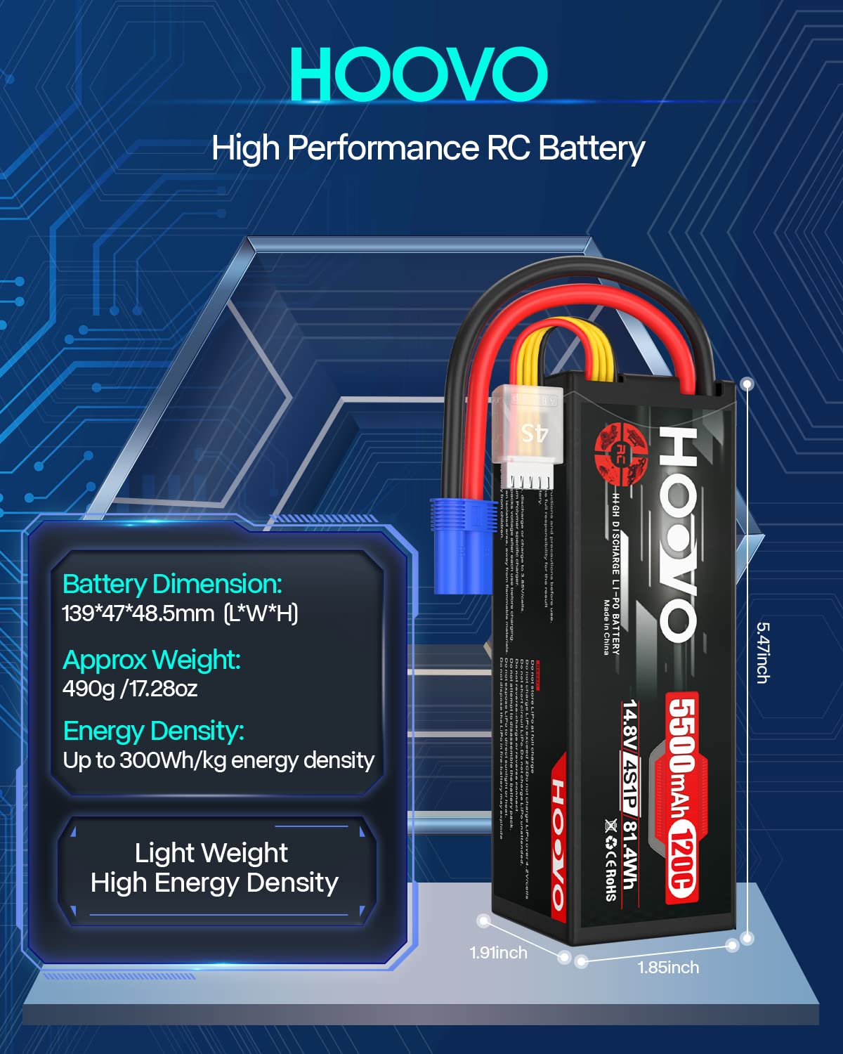 HOOVO 4S Lipo Battery 14.8V 5500mAh 120C RC Battery Hard Case EC5 Connector Compatible with Arrma Kraton 8S RC Buggy Truggy Crawler Monster Car Boat Truck 2 Pack