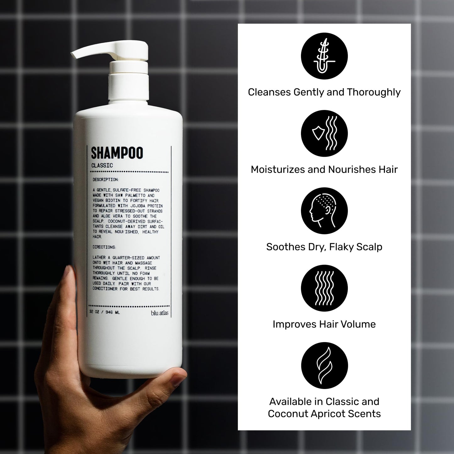 Blu Atlas Men's Natural Shampoo - For All Hair Types - Gentle Cleansing, Deep Hydrating Shampoo Vegan Sulfate and Paraben-Free- Classic Scent, 16 oz.