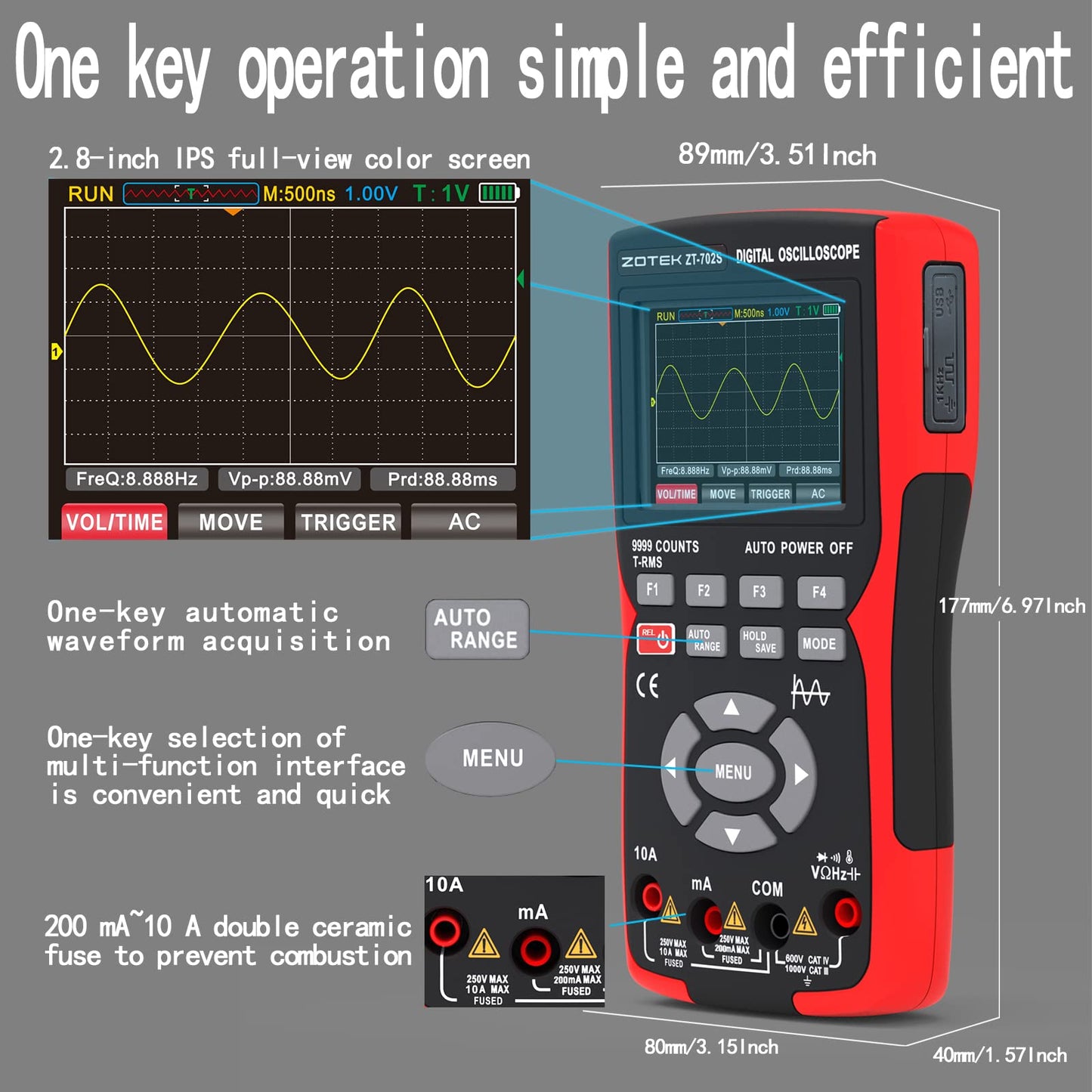 ZOTEK ZT-702S 2-in-1 Oscilloscope Multimeter with 2.8 Inch IPS Display,9999 Counts, Single Channel 10MHZ Bandwidth,48MSa/s High Real-time Sampling Rate,±400V Input Voltage,Measures Ohm-Volt-Tester