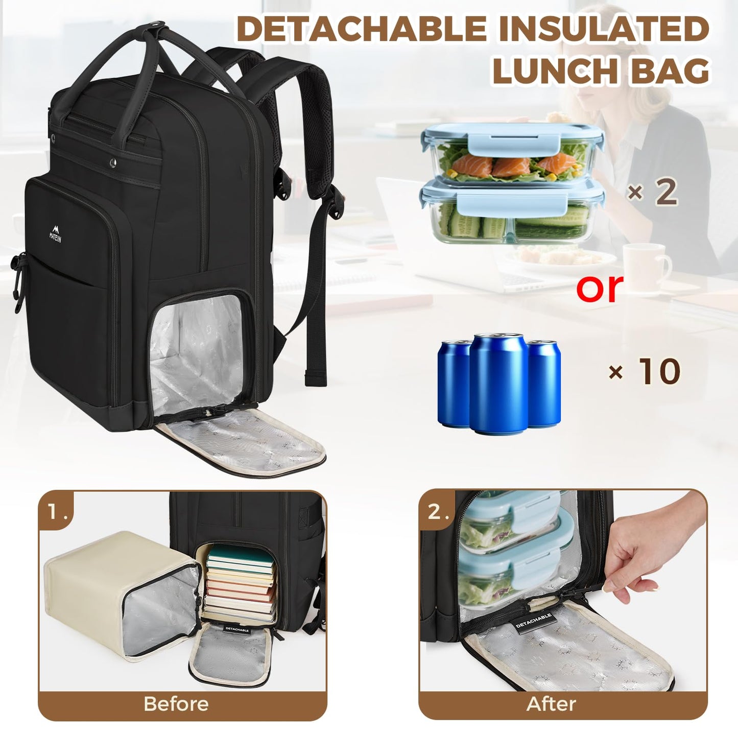 MATEIN Teacher Backpack with Lunch Compartment, 15.6 Inch Lunch Backpack for Men with Organized Pocket, College Laptop Backpacks Meal Prep Bag Gift for Teachers Work Nurse Commute Office