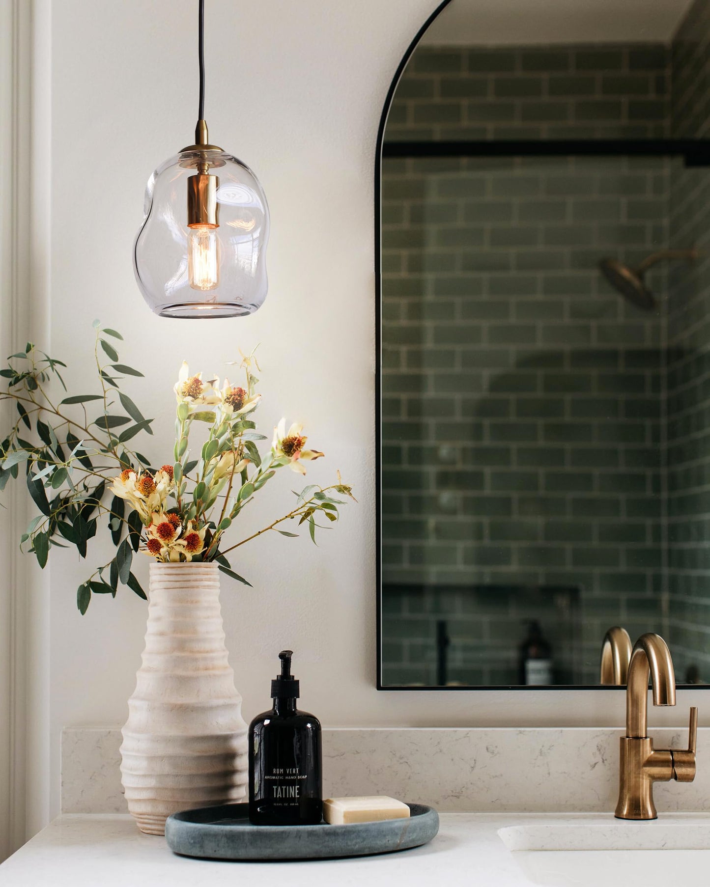 CASAMOTION Modern Glass Pendant Lights Kitchen Island Brass Gold Hardware Organic Globe Industrial Design Over Sink Bar Counter Porch Small Medium Lamp Shade 8 Inch Height