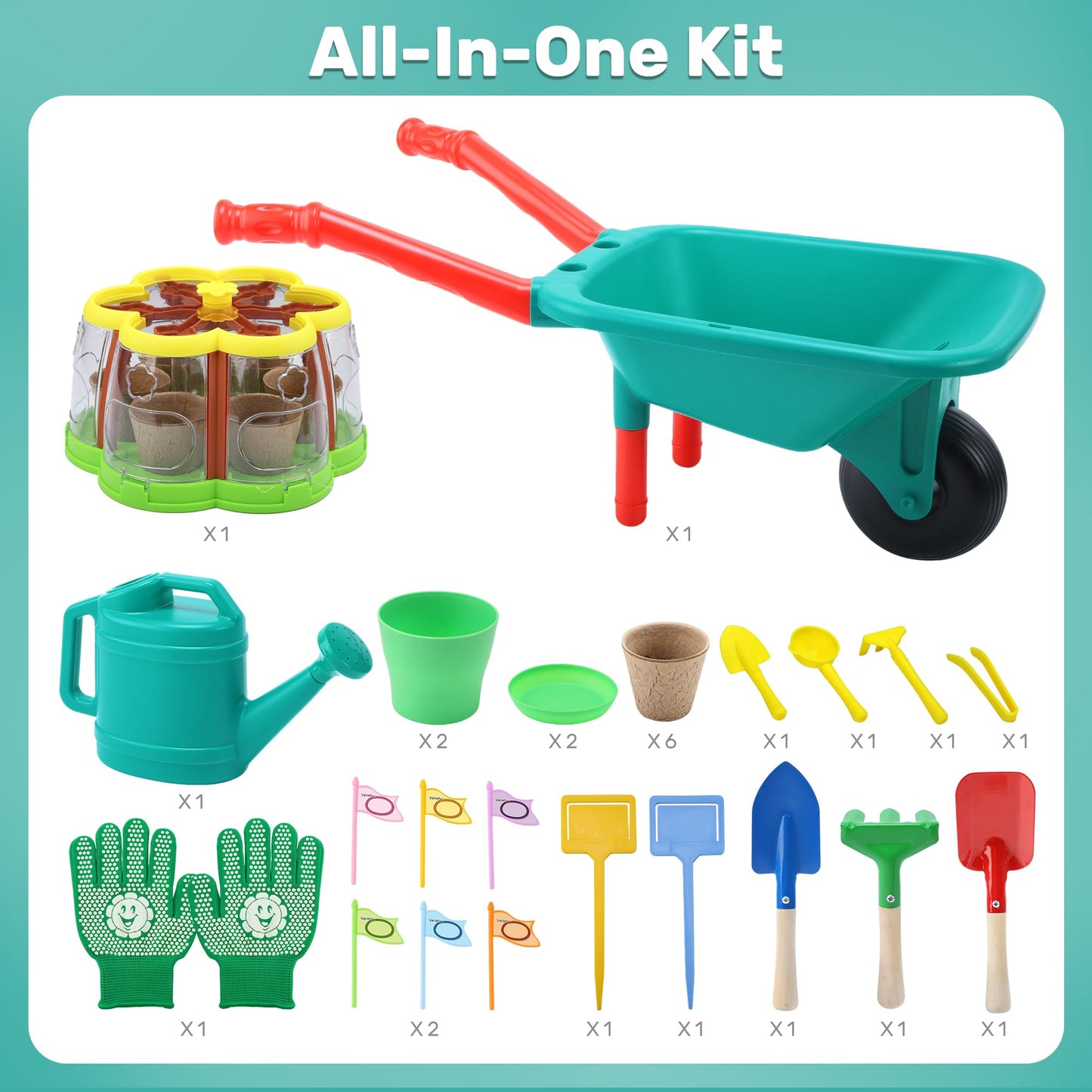 CUTE STONE Kids Gardening Tools Set with Wheelbarrow, 2 Shovel & Rake, Gloves, Watering can, Kids Plant Growing Kit - Complete Kids Greenhouse & Flower Growing Kit with Upgraded Irrigation