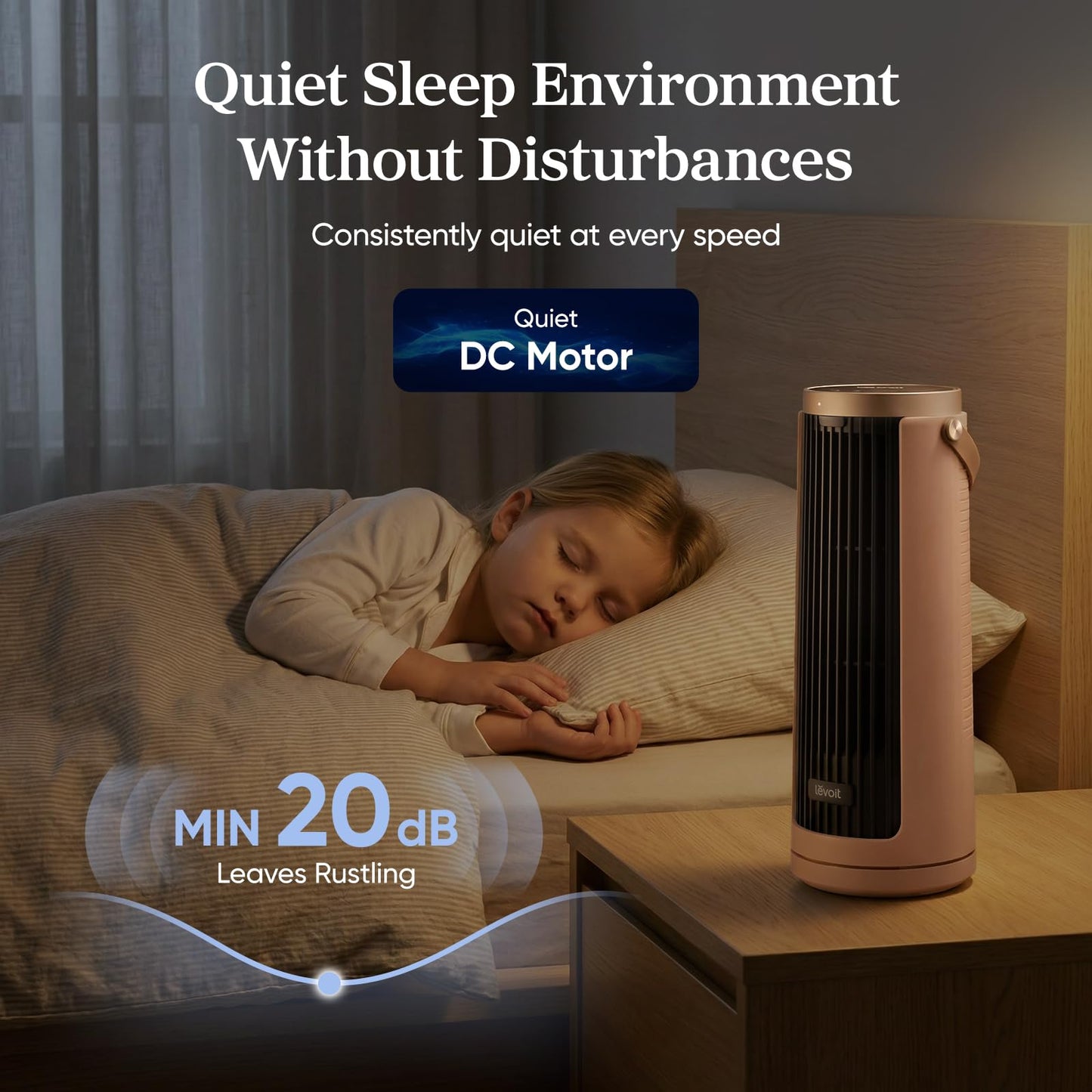 LEVOIT Tower Fan for Bedroom, 20dB Quiet Desk Fan with 23ft/s, Portable & Easy to Carry, 3-Angle & 5-Speed Mini Oscillating Fan, DC Motor, Bladeless, Remoter, 12H Timer, for Home, Room, Office, Clay