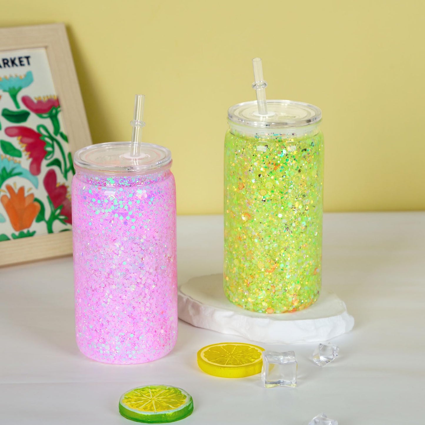 Micellwuu 16 oz Plastic Snow Globe Tumbler, 16 Pack Double Wall Snowglobe Tumbler with Pre Drilled Hole, Plastic Mason Jar Cups Can for Snow Globe Glitter DIY (Clear)