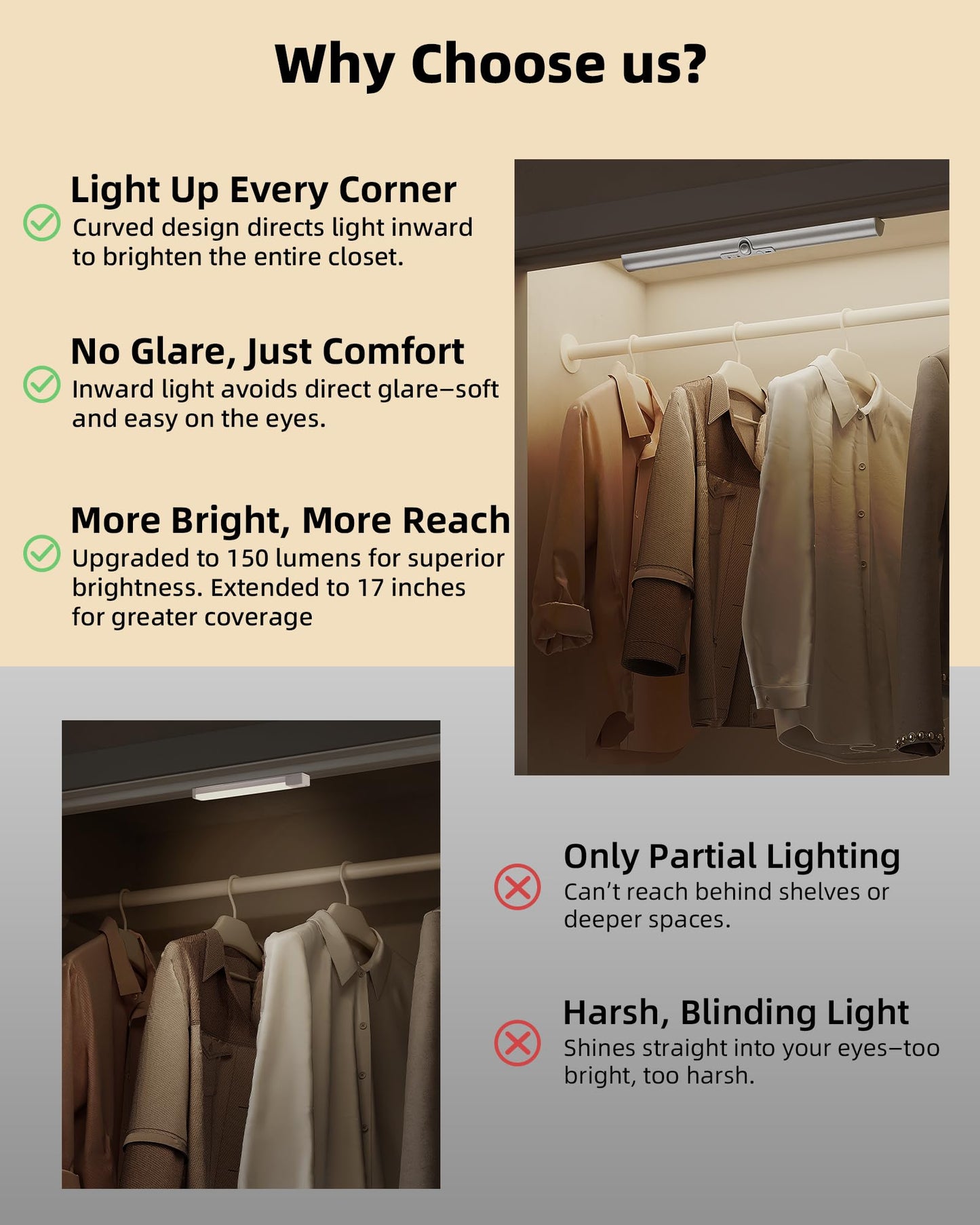 EZVALO 17-Inch Motion Sensor Closet Lights, 3600mAh Rechargeable Battery LED Cabinet Lights, 150 Lumens No-Glare Curved, 3 Color Temps & Dimmable Pantry Lights for Wardrobe, Shelves - 2 Pack