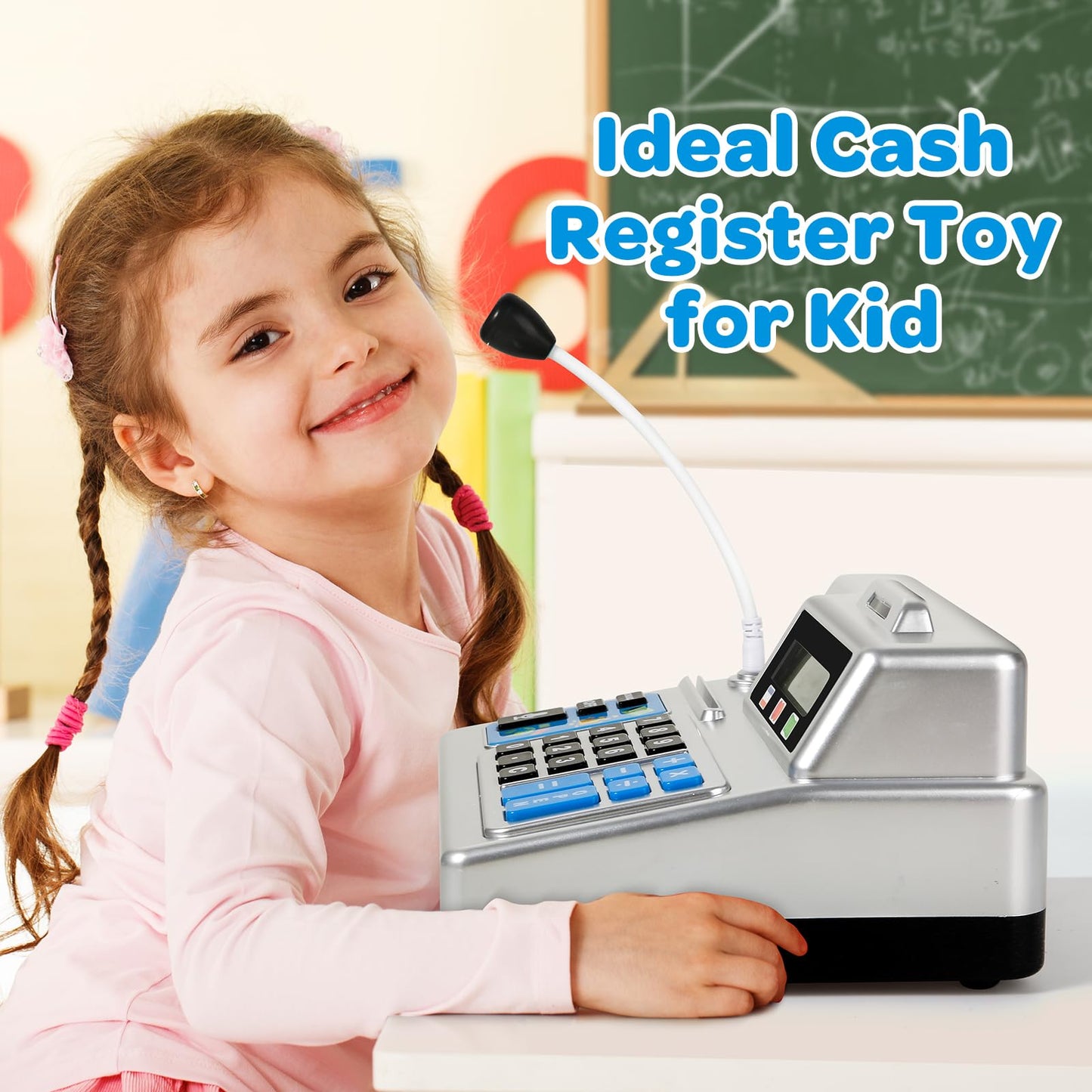 Calculator Cash Register - 103 Pcs Toy Cash Register, Store Playset with Microphone, Credit Card and Banking for Kids