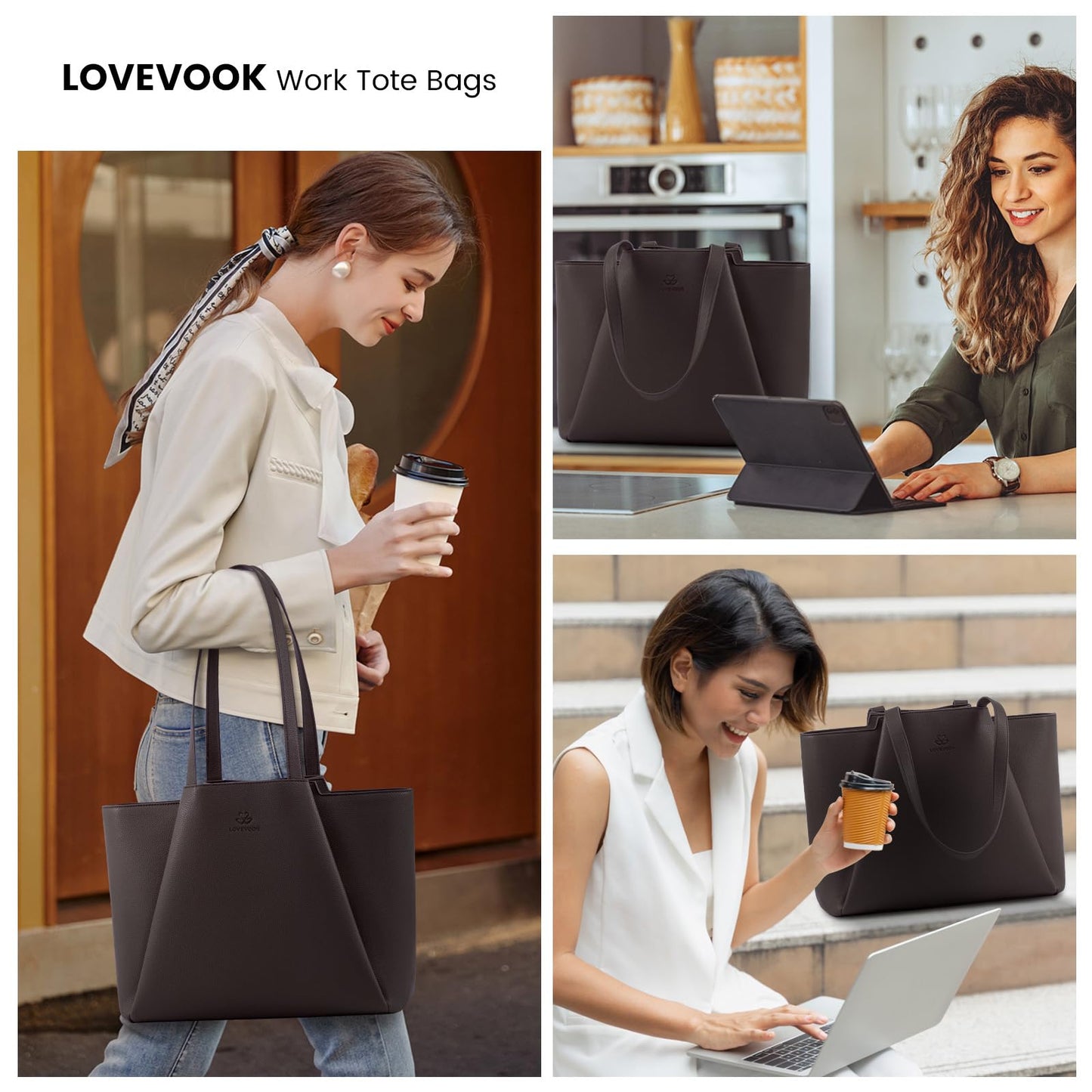 LOVEVOOK Laptop Tote Bag for Women - 15.6 Inch Faux Leather Work Tote Bag For women with Clutch, Large Capacity Office Purse for Casual Business Travel, Coffee