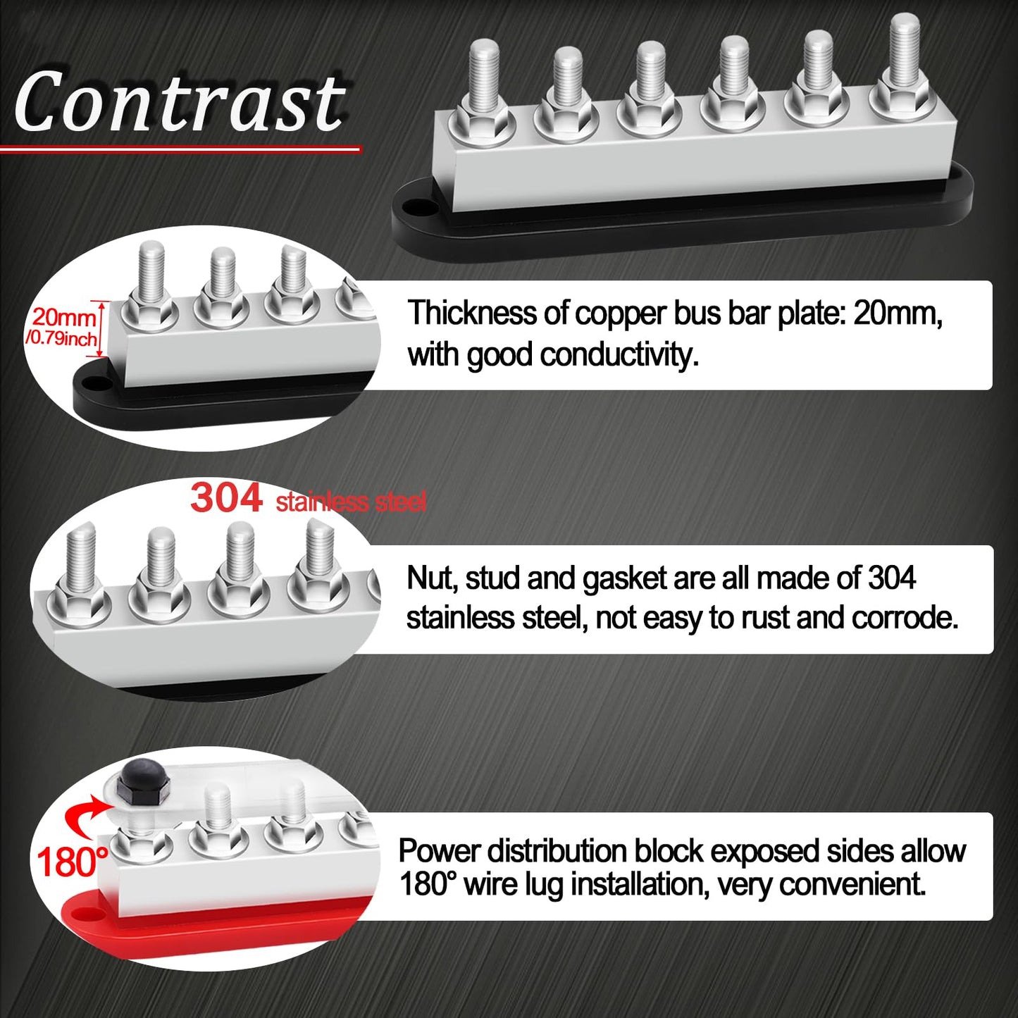 maierke 650A Bus Bar 12V Marine 3/8" Power Distribution Block Automotive Busbar Terminal Block,Battery Buss Bar (Pair, Red & Black) 6 x 3/8" Post