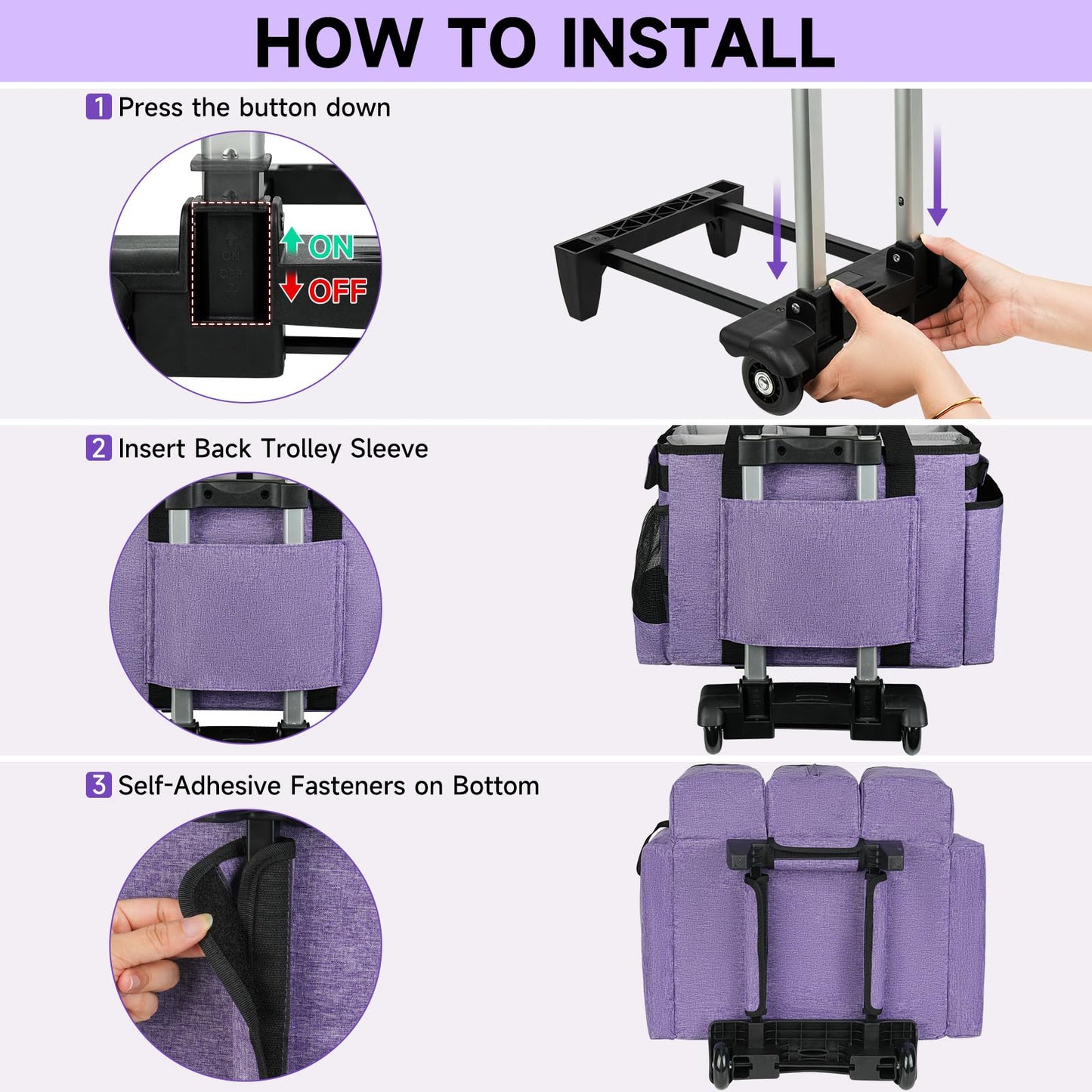 ZIOZERTT Large Rolling Cleaning Caddy Bag with Detachable Trolley,Cleaning Cart on Wheels with Shoulder Strap,Cleaning Supplies Organizer for Housekeepers,Purple