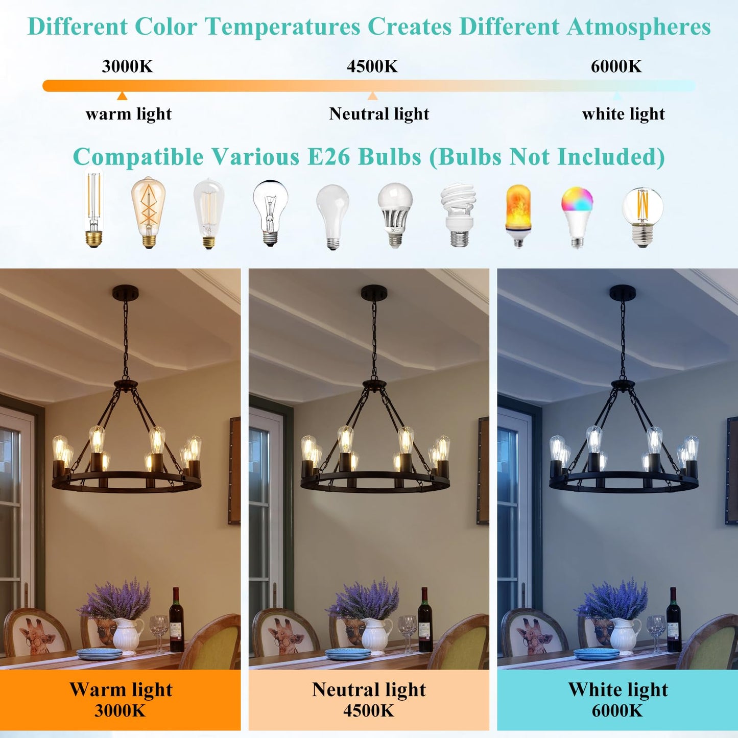8 Lights Wagon Wheel Chandelier, Black Kitchen Island Lighting Fixture Round Metal Industrial Farmhouse Dining Room Pendant Light for Living Room Foyer Entryway,E26 Socket, 23.6". Height Adjustable