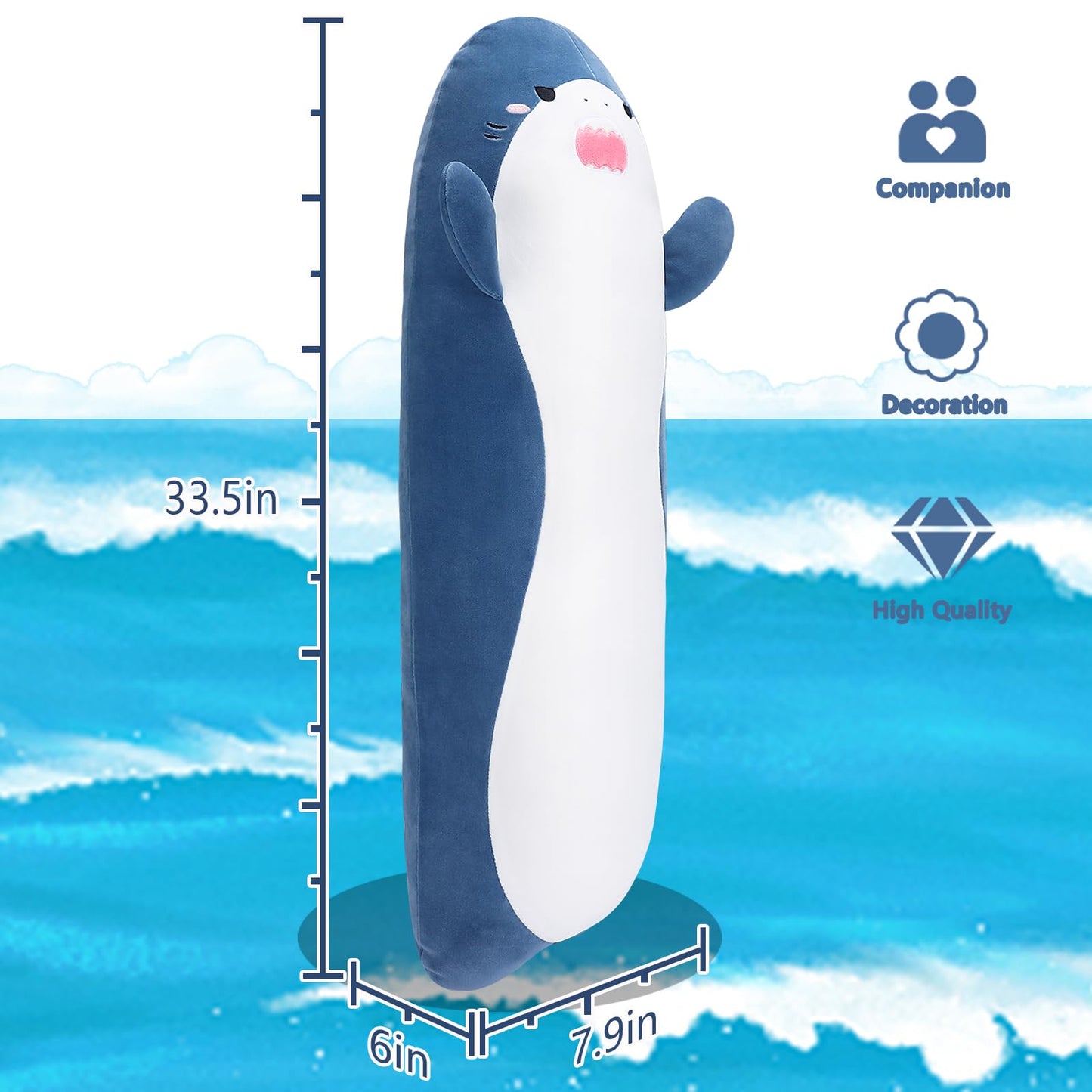 Sprinqdawin Large Shark Plush,33.5" Cute Plushies Long Shark Stuffed Animal,Shark Plush Toys,Cuddly Sleeping Hugging Pillow, Soft Giant Body Pillow,Shark Plushy Gift for Kids Adults Birthday