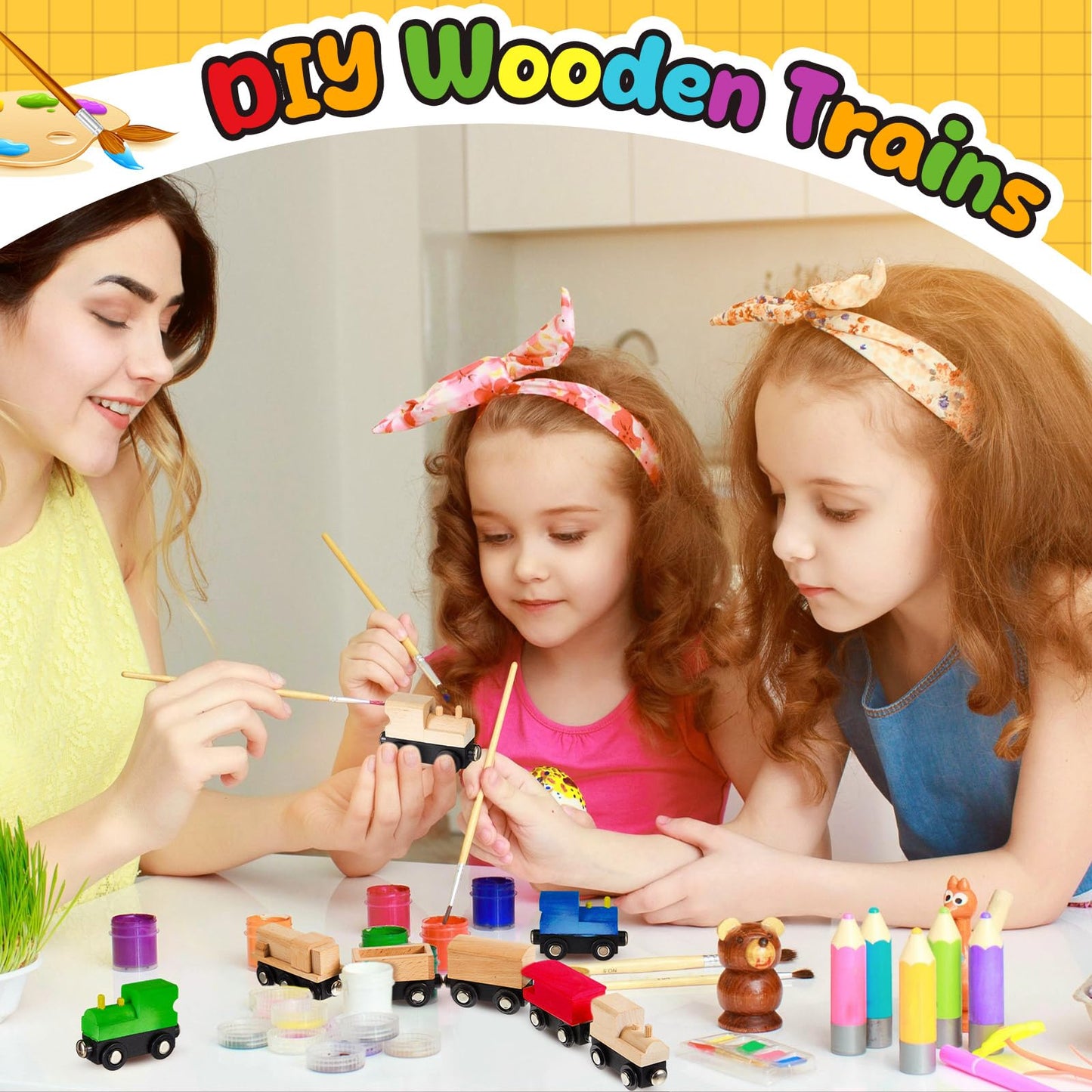 Halloscume 30 Pcs Vivid Unfinished DIY Wooden Trains 5 Styles Unpainted Cars Toys for Railway Paint Project Wood Trains for Birthday Party Theme Decorations Crafts Supplies