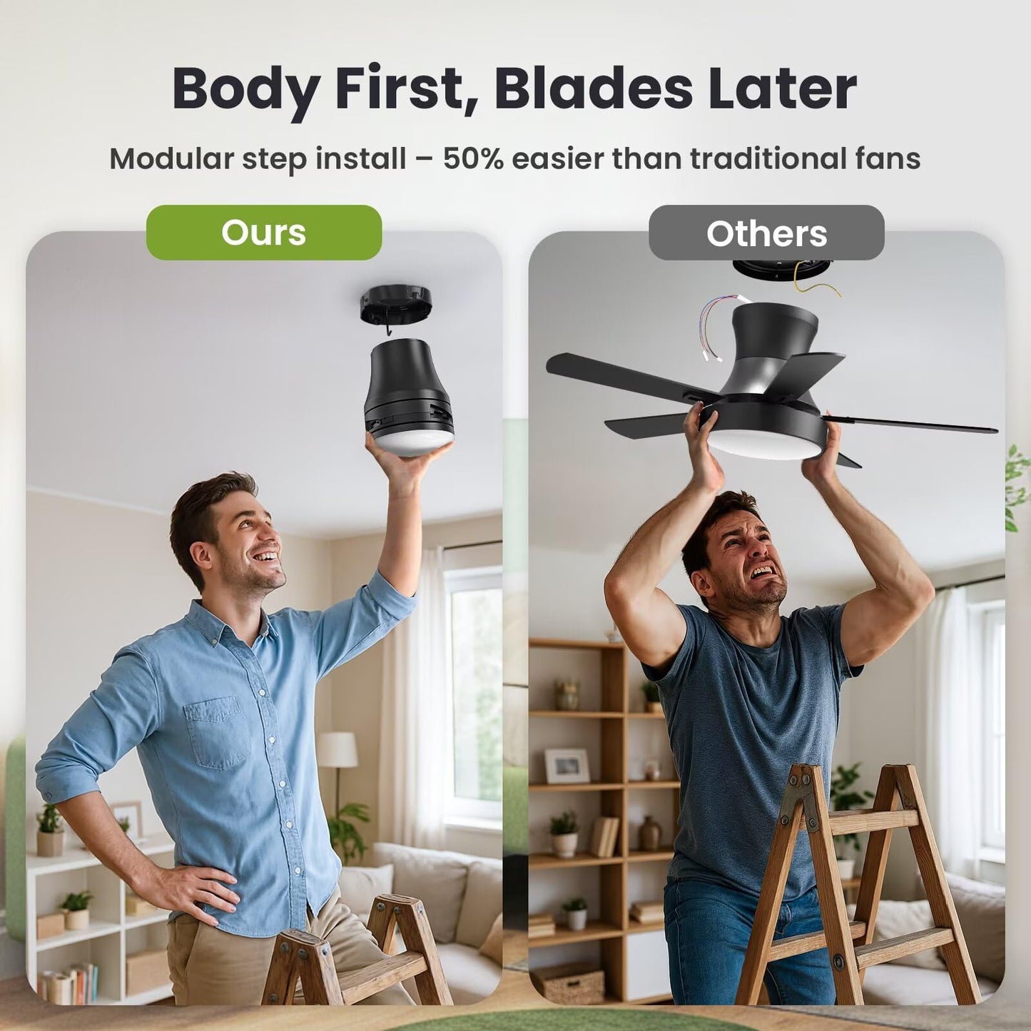 OSTIVE Ceiling Fans with Lights and Remote: 42 Inch Modern Black Ceiling Fan, Low Profile Flush Mount, Quiet Reversible DC Motor & 3CCT Dimmable LED for Bedroom Living Room Kitchen Indoor Outdoor