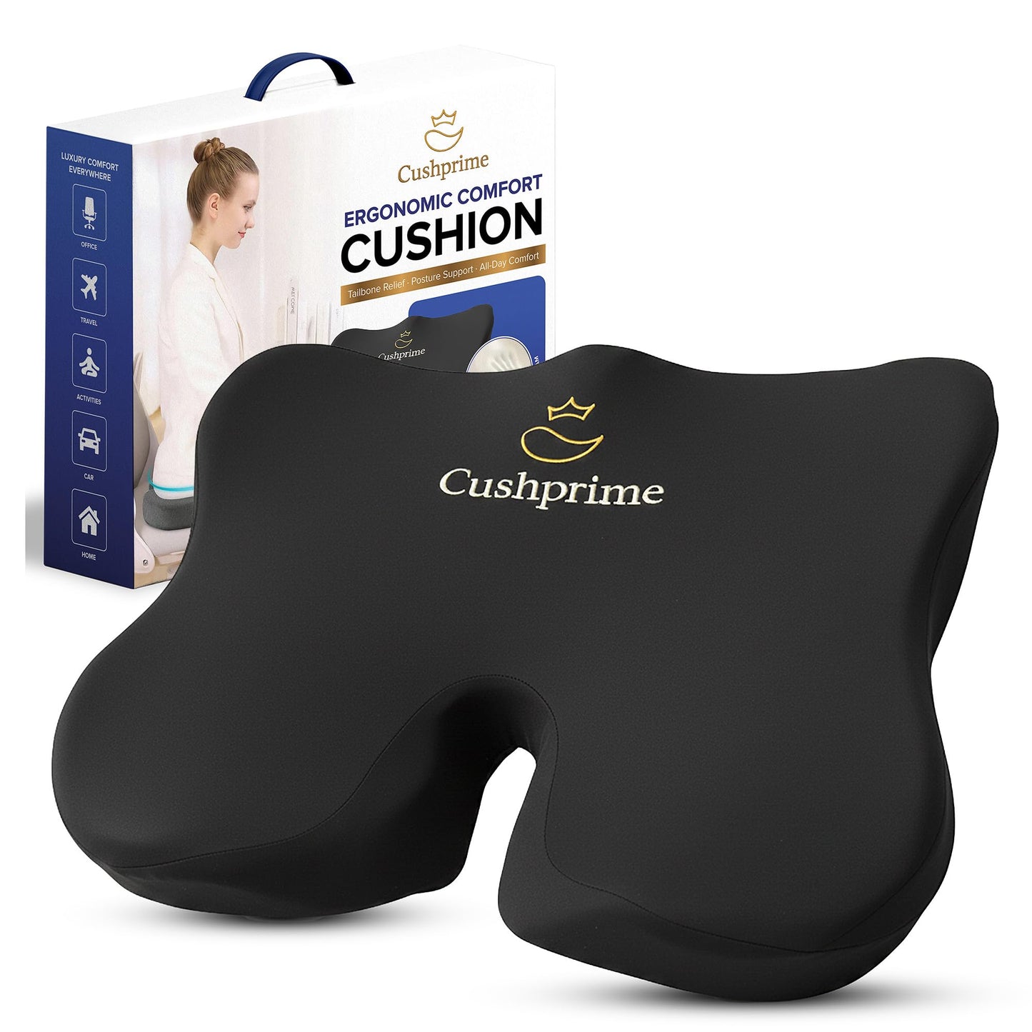 Cushprime Seat Cushion for Chair, Memory Foam Seat Cushion for Tailbone Pain Relief- Ergonomic Support for Coccyx, Back & Butt- Office & Truck Ergonomic Chair Cushion, Black