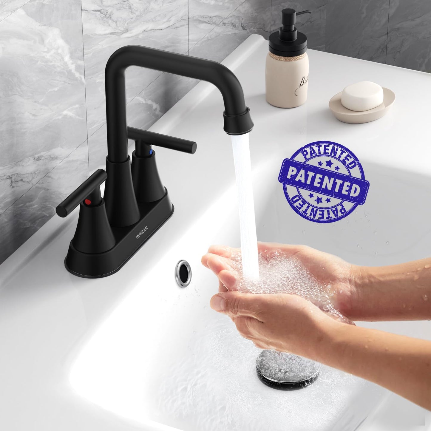 Matte Black Bathroom Sink Faucet, Hurran 4 inch Bathroom Faucets for Sink 3 Hole with Pop-up Drain and Supply Hoses, 360 Swivel Spout Centerset Faucet for Vanity RV Farmhouse, 2 Pack