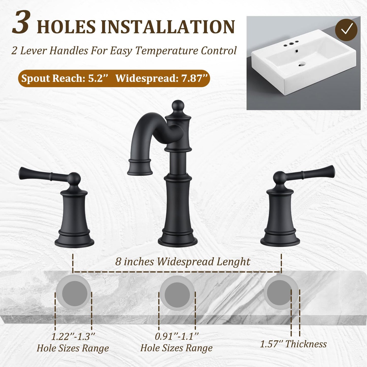 NAUKWAN Roman Bathroom Sink-Faucet 3-Holes, Matte Black Rotated Spout Vanity Basin Faucets 3 Holes 2 Handles 8 inches Widespread Deck Mount Brass Faucet for Sink with Overflow Pop Up Drain NL2204-BK