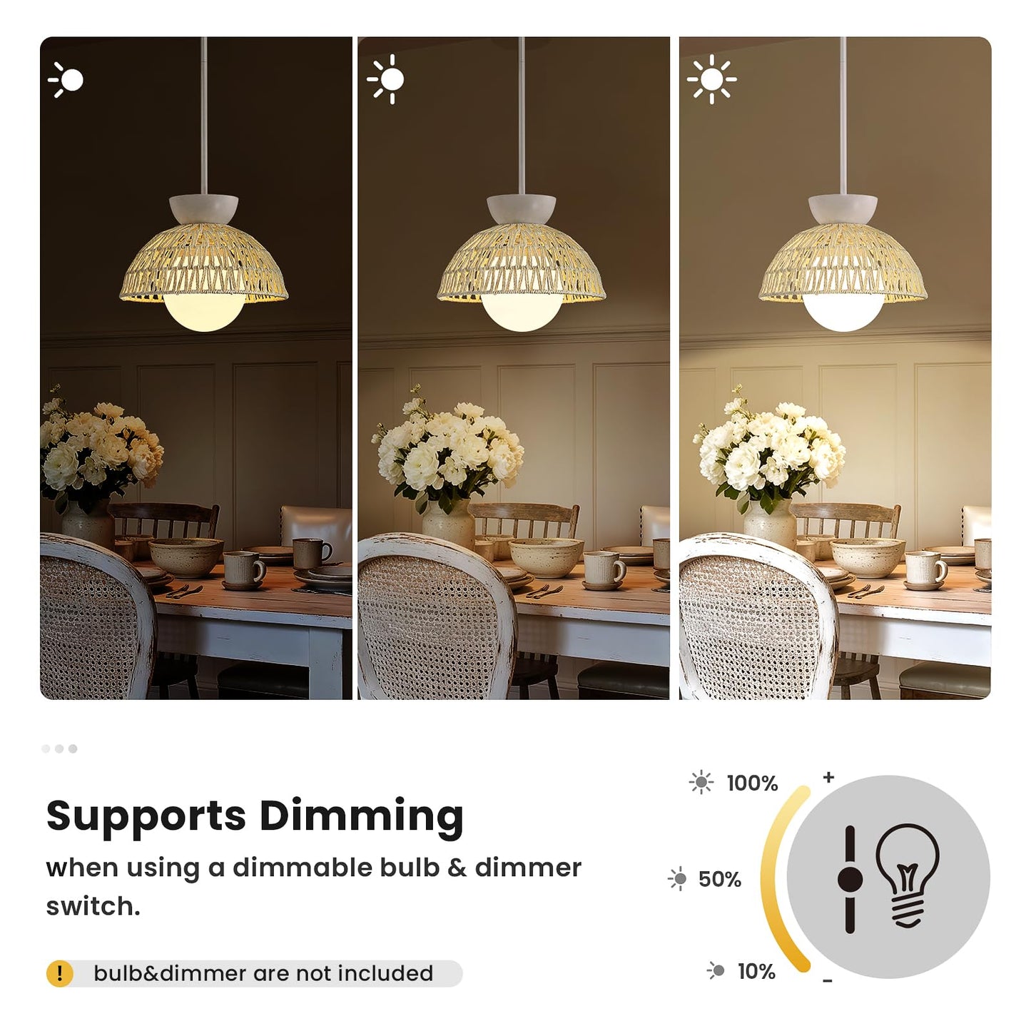 Pendant Light Kitchen Island - 11.8" Rattan Dining Room Light Fixtures over Table Hand-Woven Boho Pendant Light Fixtures with Milk Glass Globe, Adjustable Hanging Light for Bedroom Entryway Foyer