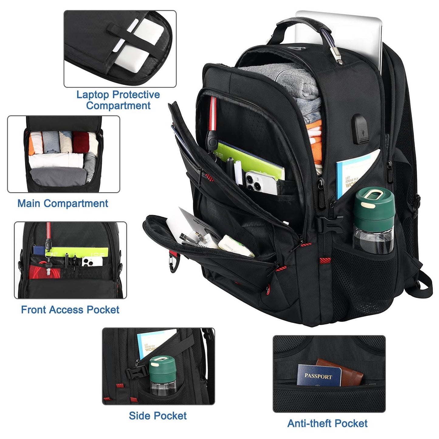 Z-MGKISS Extra Large Travel Backpack, TSA Backpack 17.3 Inch, 50L Anti Theft 17 Inch Big Business Laptop Backpack for Men & Women, Water Resistant College Rucksack Bag with USB Port, Black