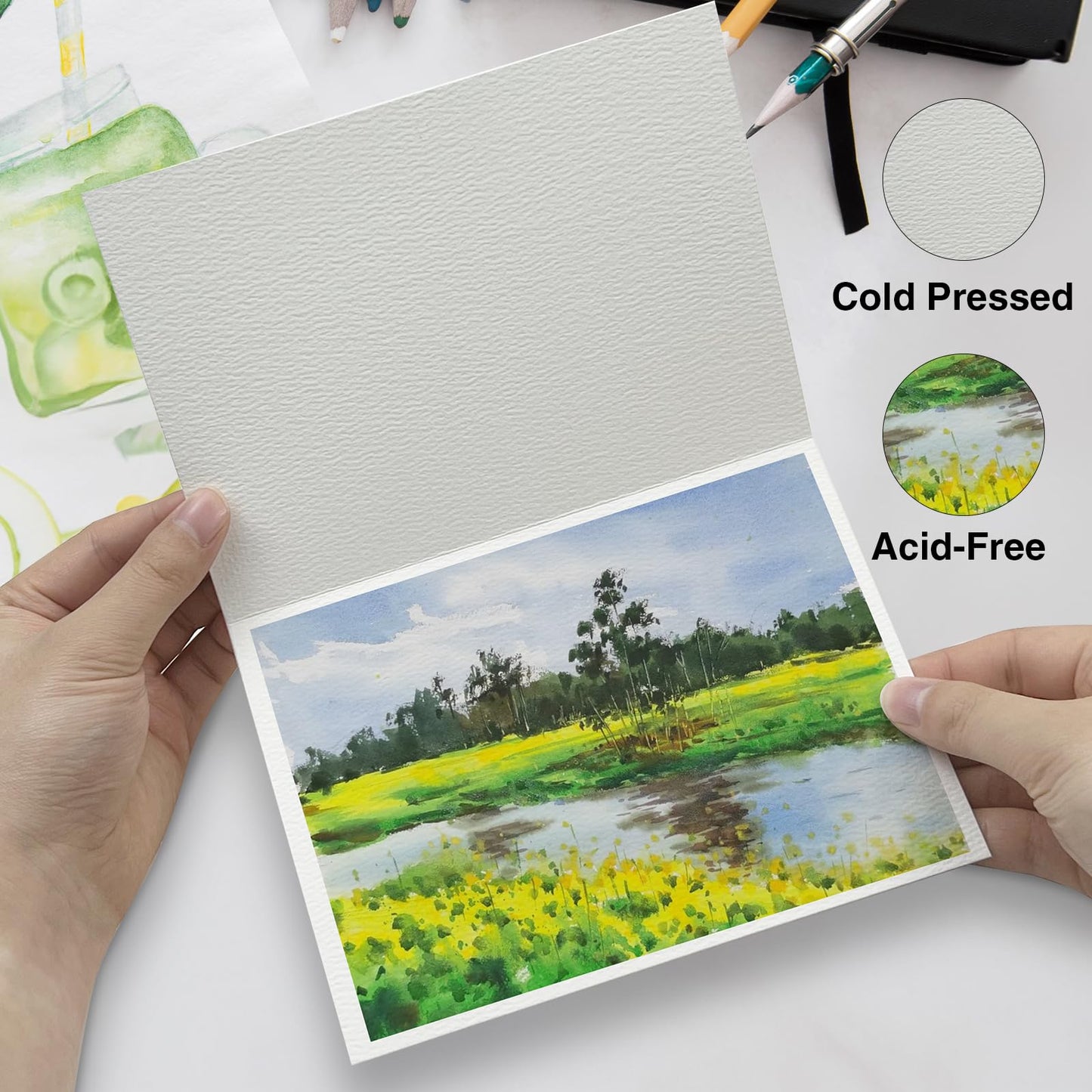 KOVIEDE 50 Pack Foldable Watercolor Cards with Envelopes 5"X7", 40 Blank Watercolor Postcards 4"x6", 140LB/300GSM 100% Cotton Water Color Cards for Painting, Greeting, Christmas, Birthday