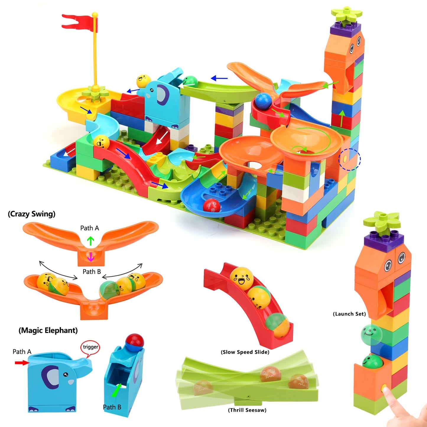 COUOMOXA 130 Pcs Launch Marble Run Building Blocks Classic Big Blocks STEM Toys Bricks Set Kids Race Track Compatible with All Major Brands Montessori Learn Resource Gift for Boys Girls Toddler Age 3+