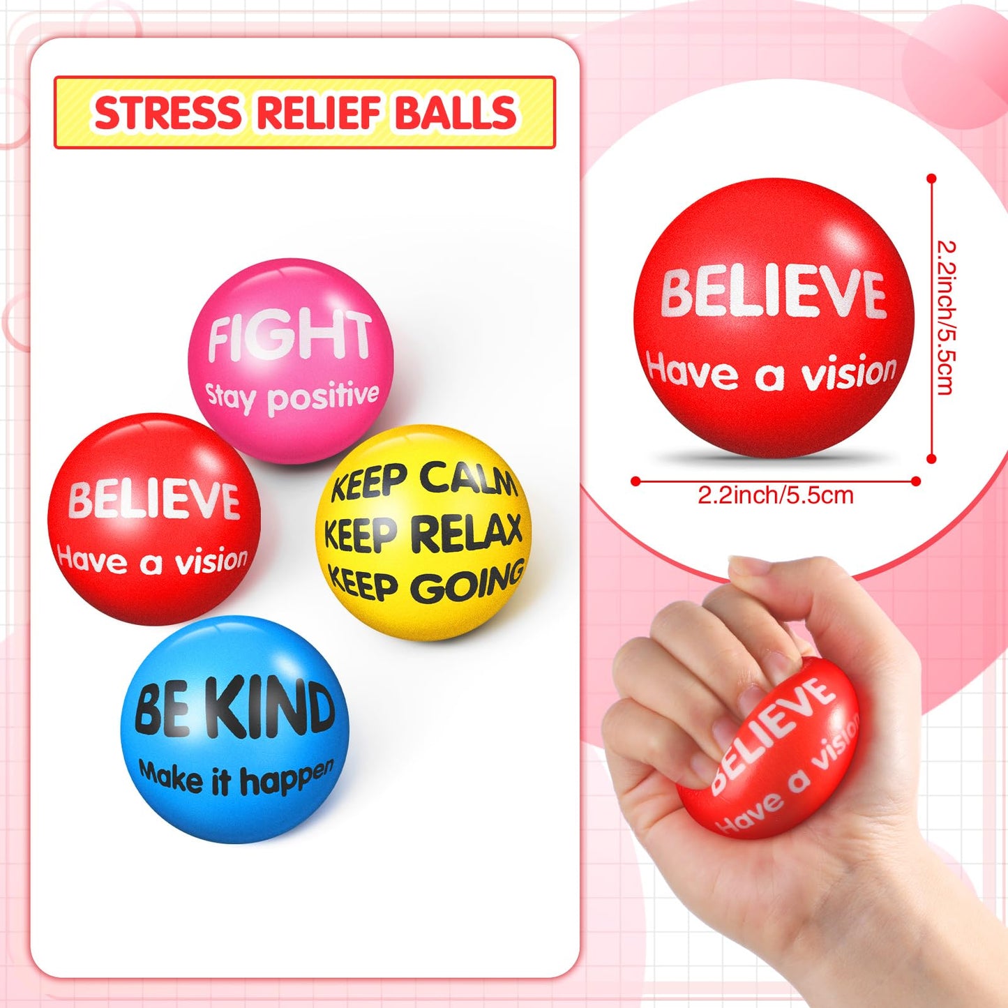 Liliful 48 Pieces Motivational Stress Balls Bulk for Adults Fidget Toys End of The Year Student Gifts Inspirational Squeeze Balls Employee Appreciation Gift Adult Goodie Bag 2. 2 Inch(Bright Colors)