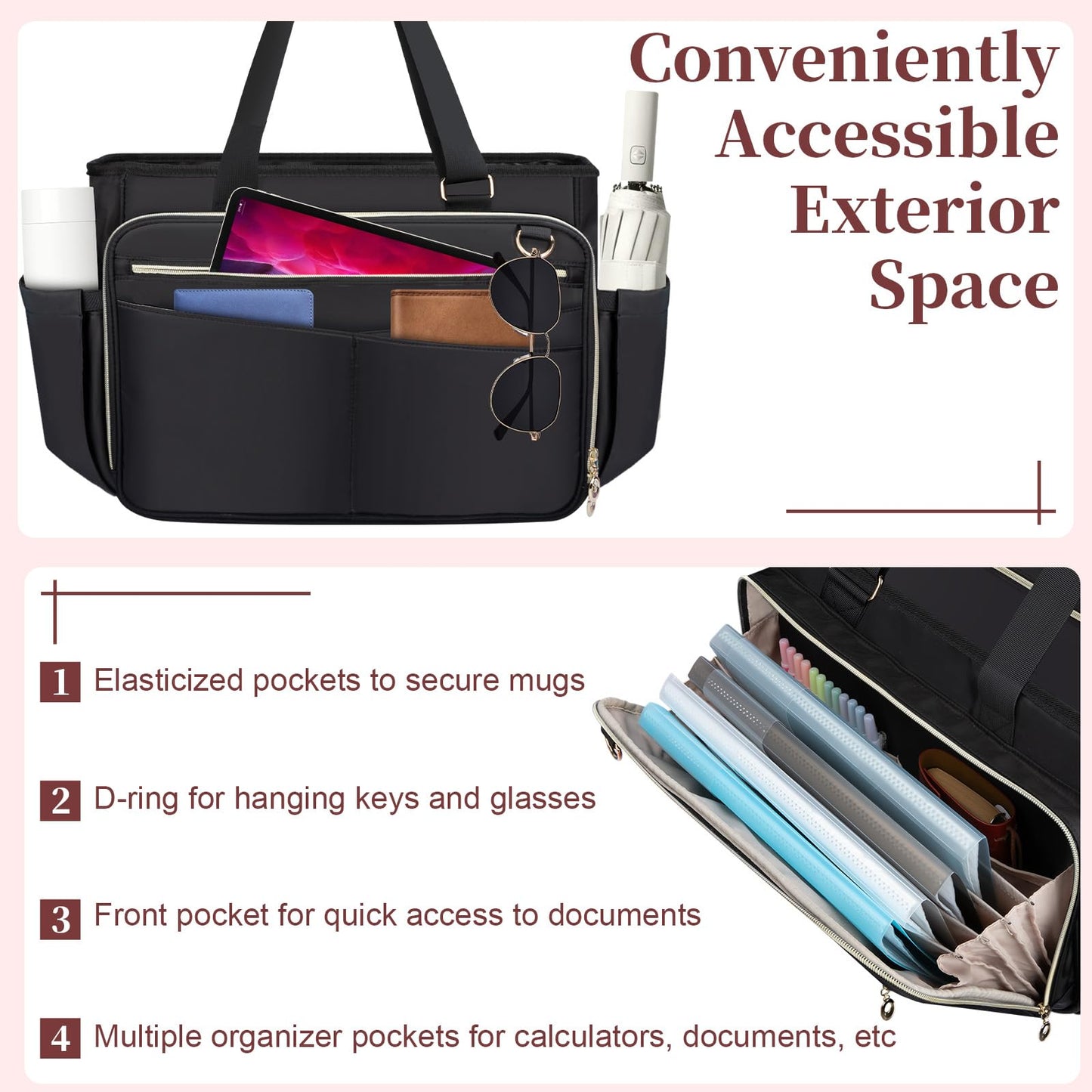 Wigojoy Teacher Bag, Women Work Bags with Foldable Document Pocket, 15.6-inch Laptop Compartment, Adjustable Handle, Support Panel and Insulated Pocket. Fit for Nurse Bag, Work Briefcase or Travel Bag