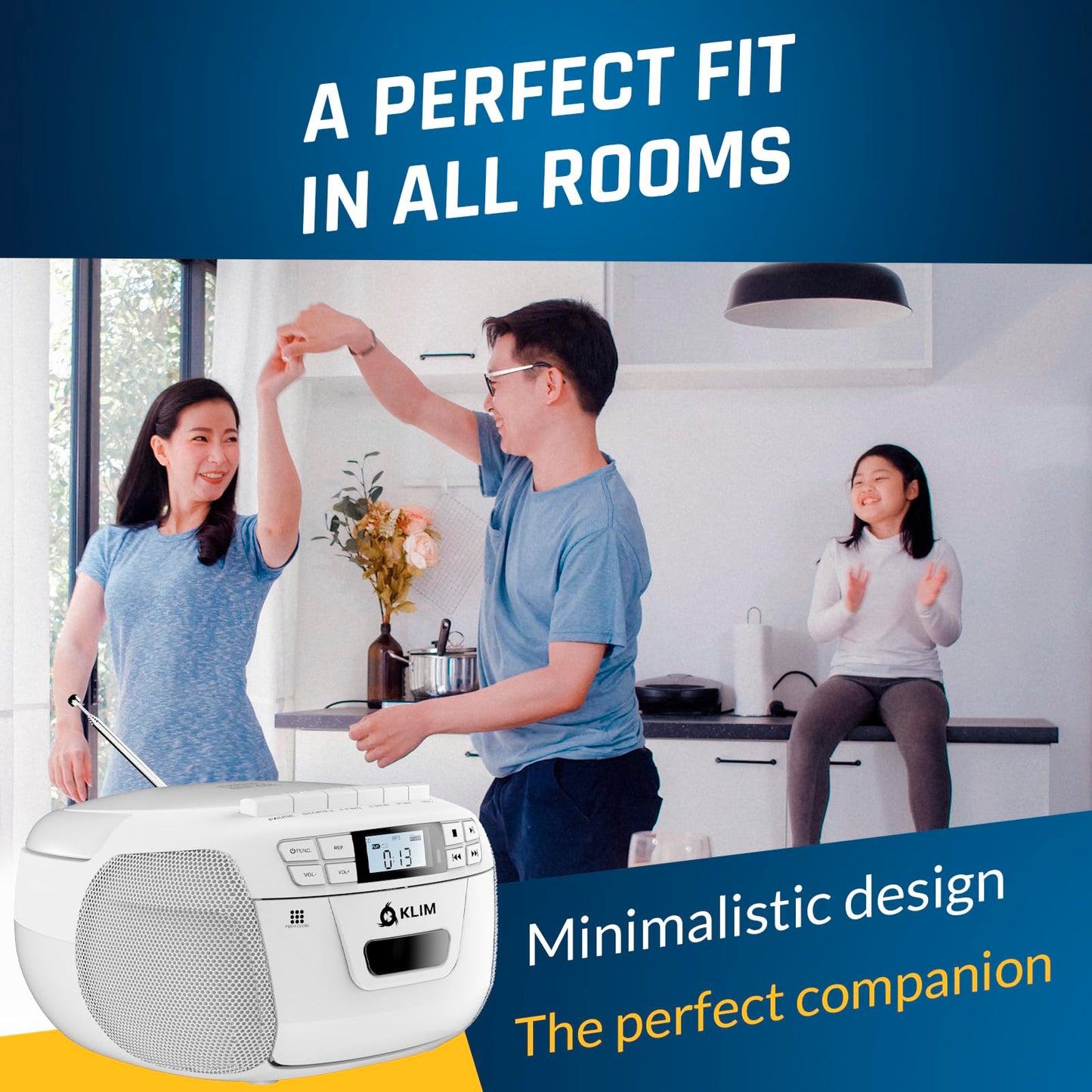 KLIM CD Player & Cassette Tape Player, Bluetooth Boombox, AM/FM Radio, Stereo Sound, Remote, CD and Cassette Combo, Tape Recording, USB Drive, AUX, AC/DC Powered - White