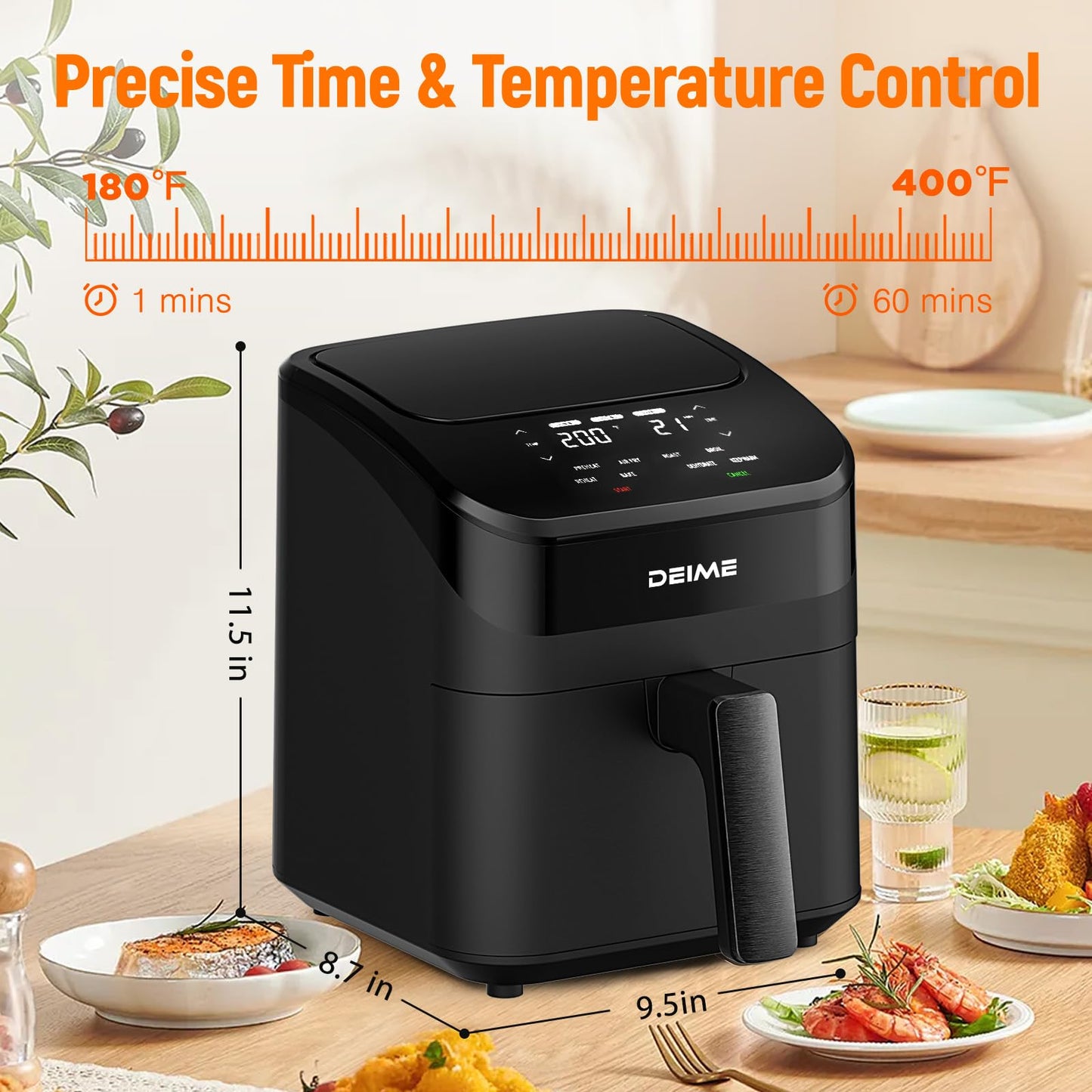DEIME Air Fryer 4.5 Qt, Small Airfryer Digital Space Saving Compact, Bake, Reheat, Roasts for Quick Easy Meals, Mini Compact & Quiet, Nonstick & Dishwasher Safe Basket with Toast Rack (Black)