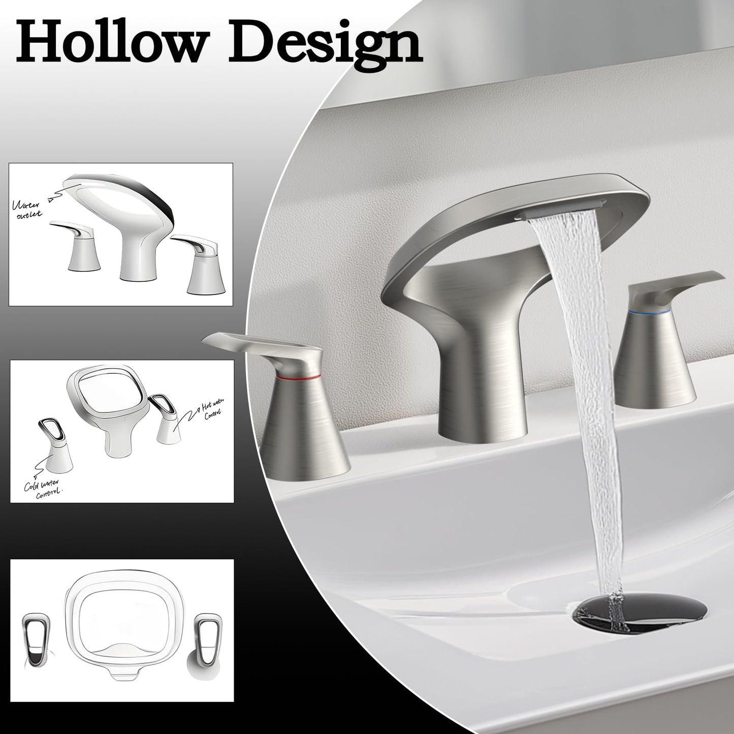 Bathroom Faucets for Sink 3 Hole, Bezeit 8 Inch Brushed Nickel Bathroom Faucet, Solid Brass Widespread Bathroom Faucet with Adjustable Waterfall Spout 2 Handles and 2 Supply Hoses